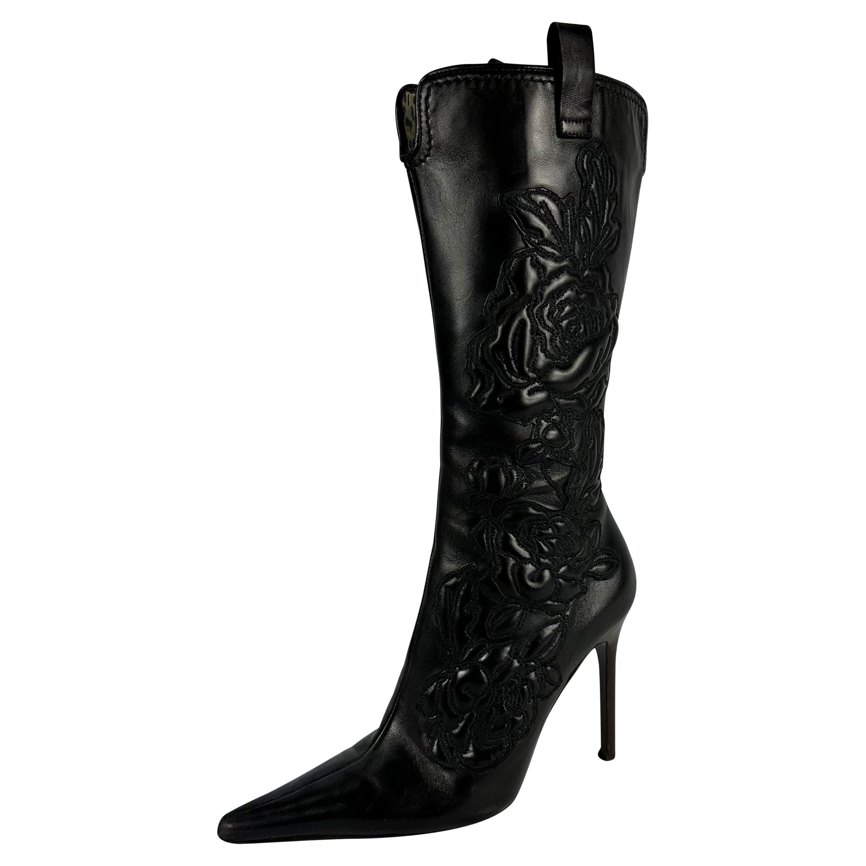 2003 Roberto Cavalli Rose Embroidered Black Leather Heeled Boots 37 IT 
