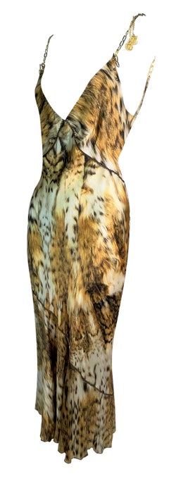 2003 Roberto Cavalli Silk Leopard Plunging Dress Gold Astrology Chain Strap