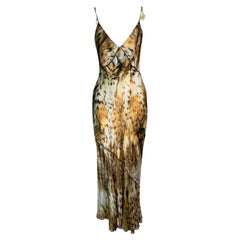 2003 Roberto Cavalli Silk Leopard Plunging Dress Gold Astrology Chain Strap