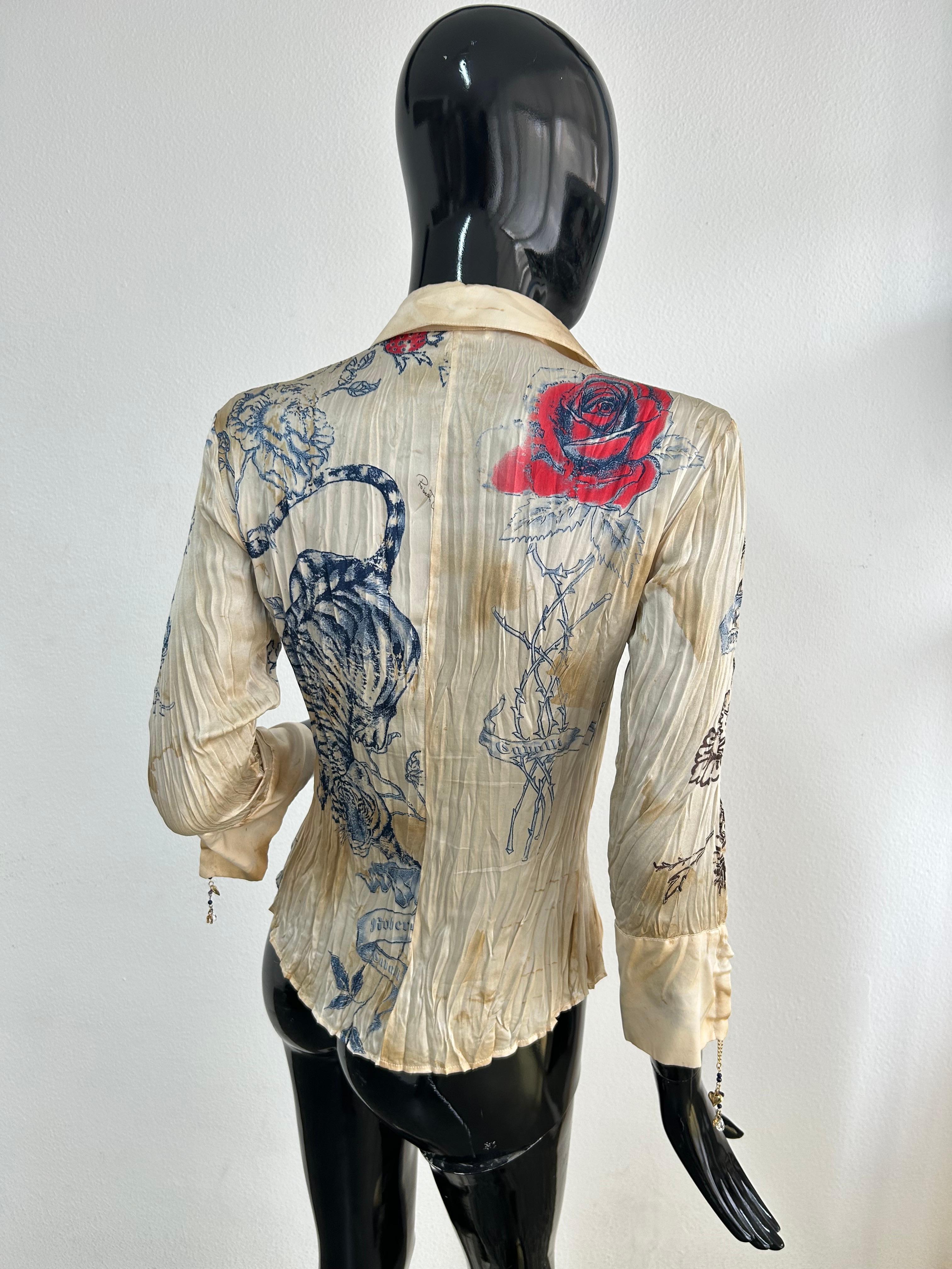 Women's 2003 Roberto Cavalli tattoo print silk shirt For Sale