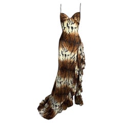 2003 Roberto Cavalli Tiger Silk Super High Slit & Ruffles Gown Dress 42