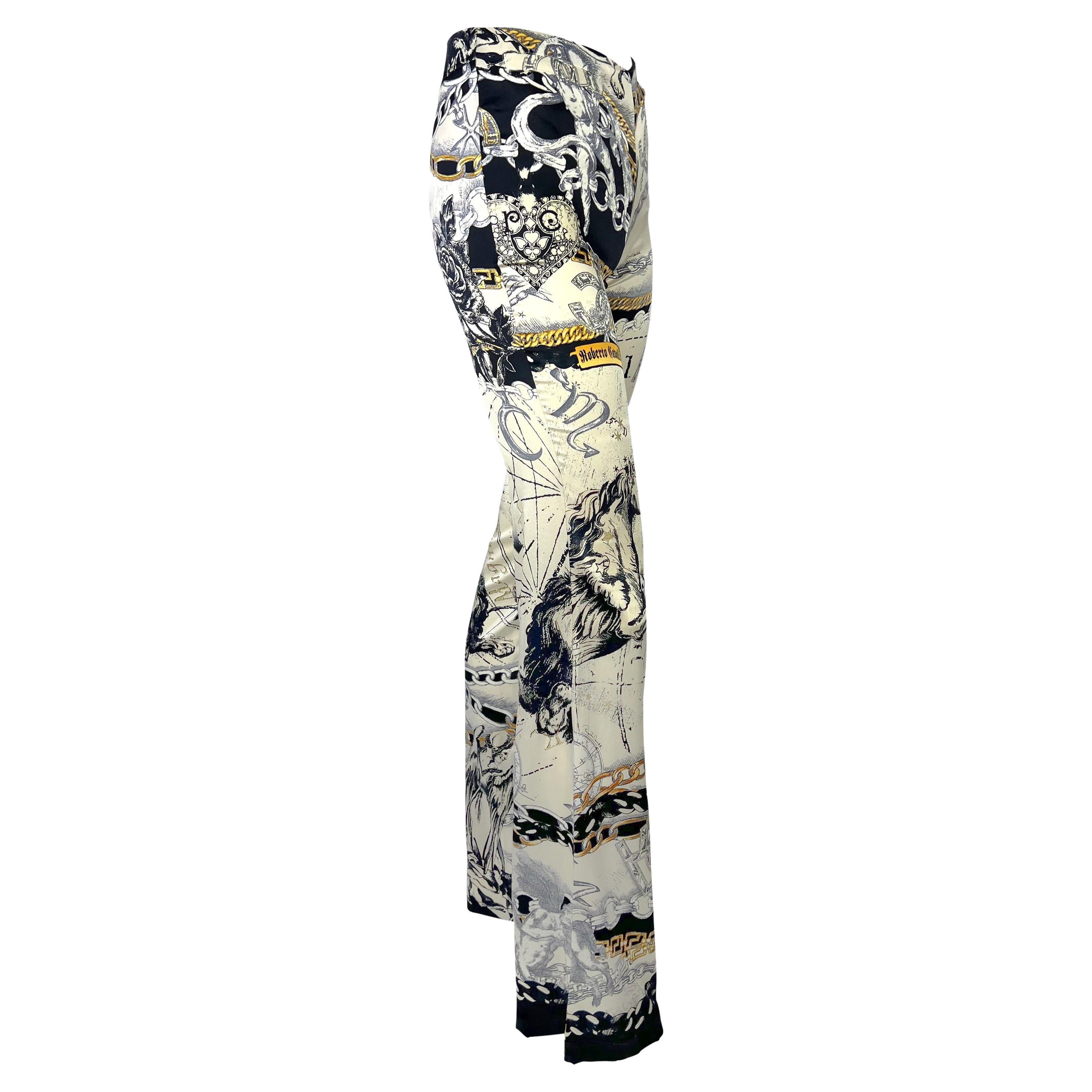 2003 Roberto Cavalli White Astrology Print Stretch Silk Satin Logo Pants In Excellent Condition For Sale In West Hollywood, CA