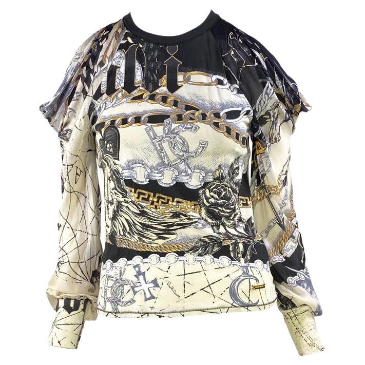 2003 Roberto Cavalli - Top a spalla aperta con stampa astrologica in bianco elasticizzato
