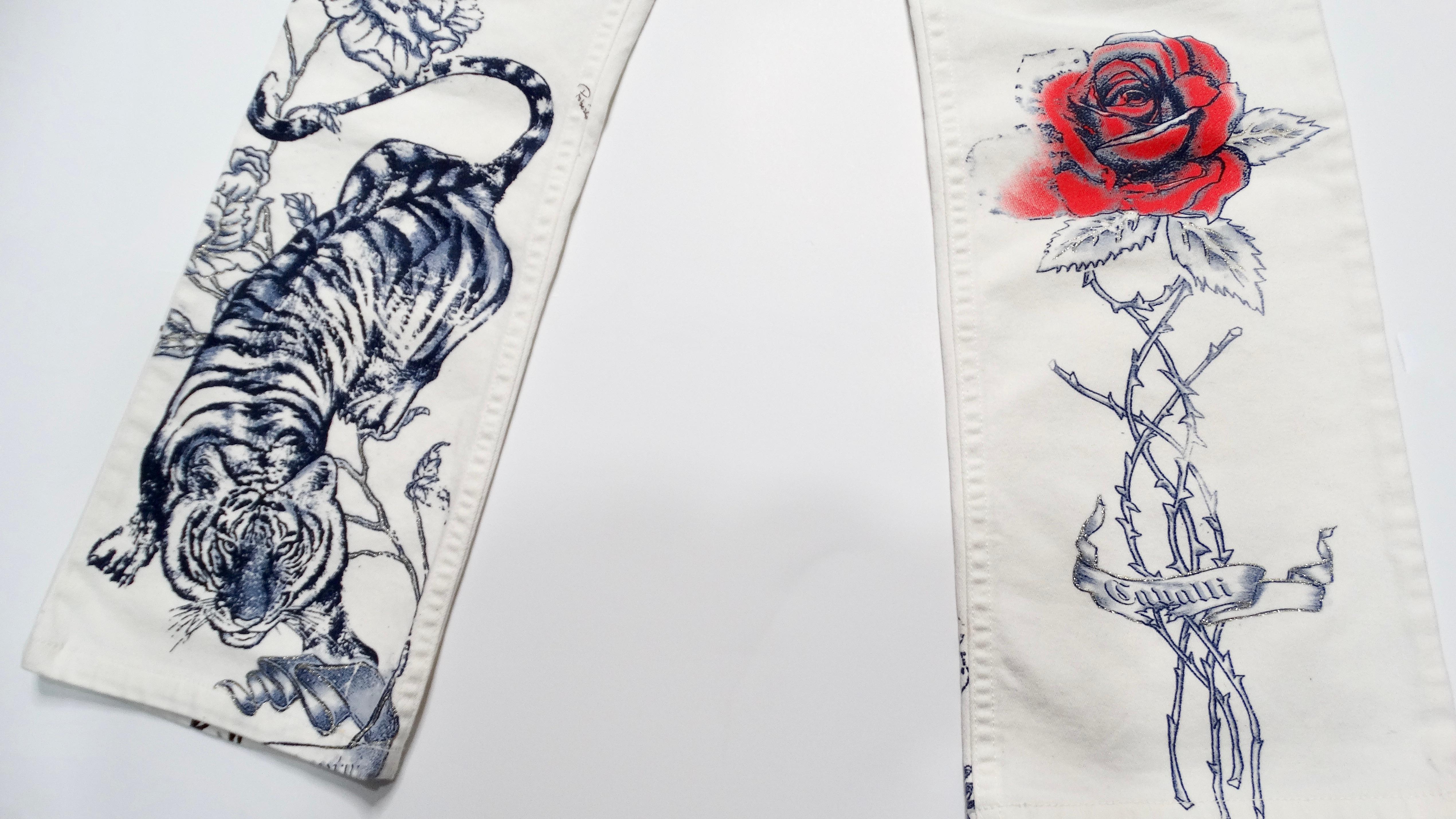 Gray 2003 Roberto Cavalli White Tattoo Style Print Jeans