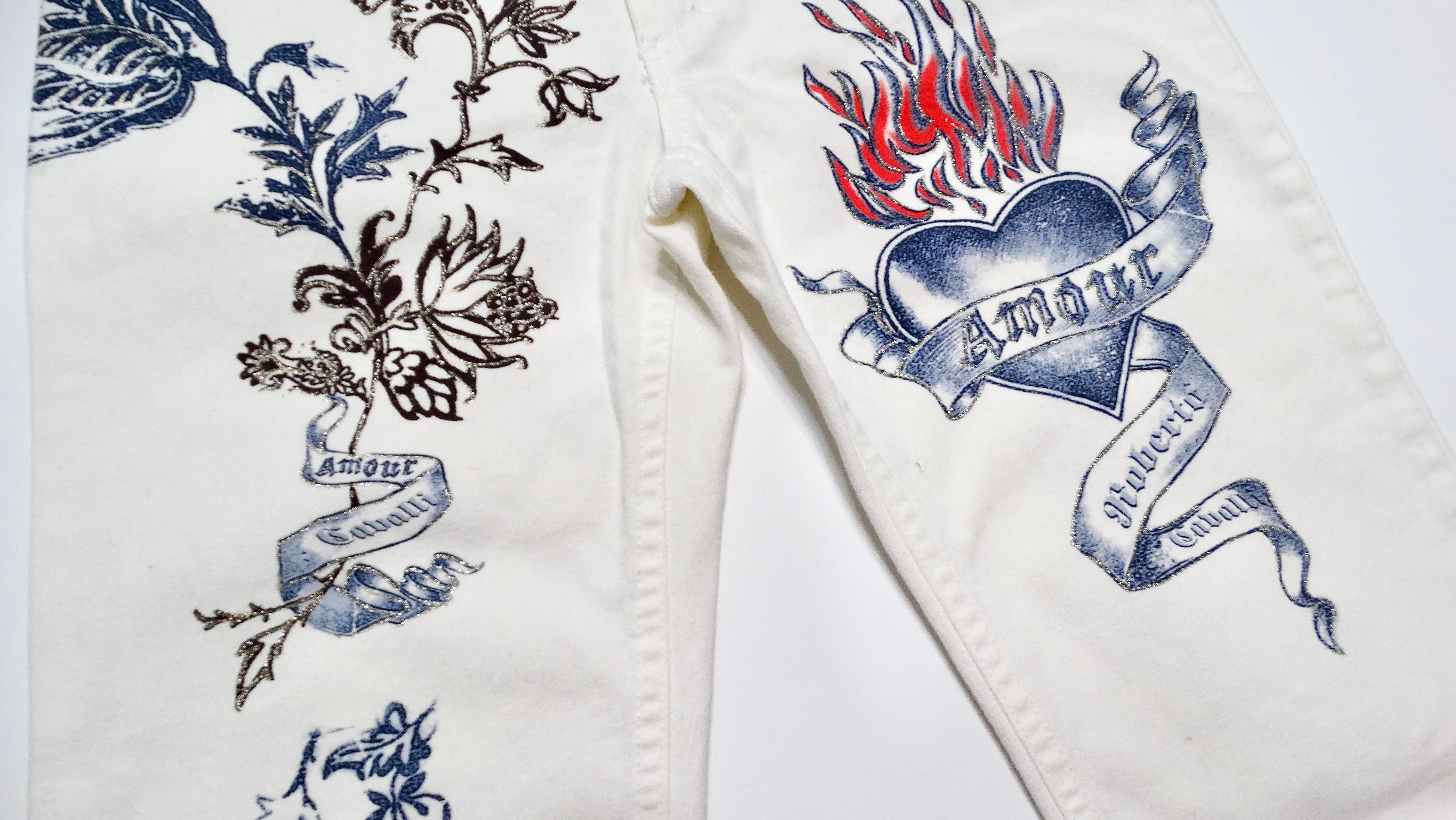 2003 Roberto Cavalli White Tattoo Style Print Jeans In Good Condition In Scottsdale, AZ