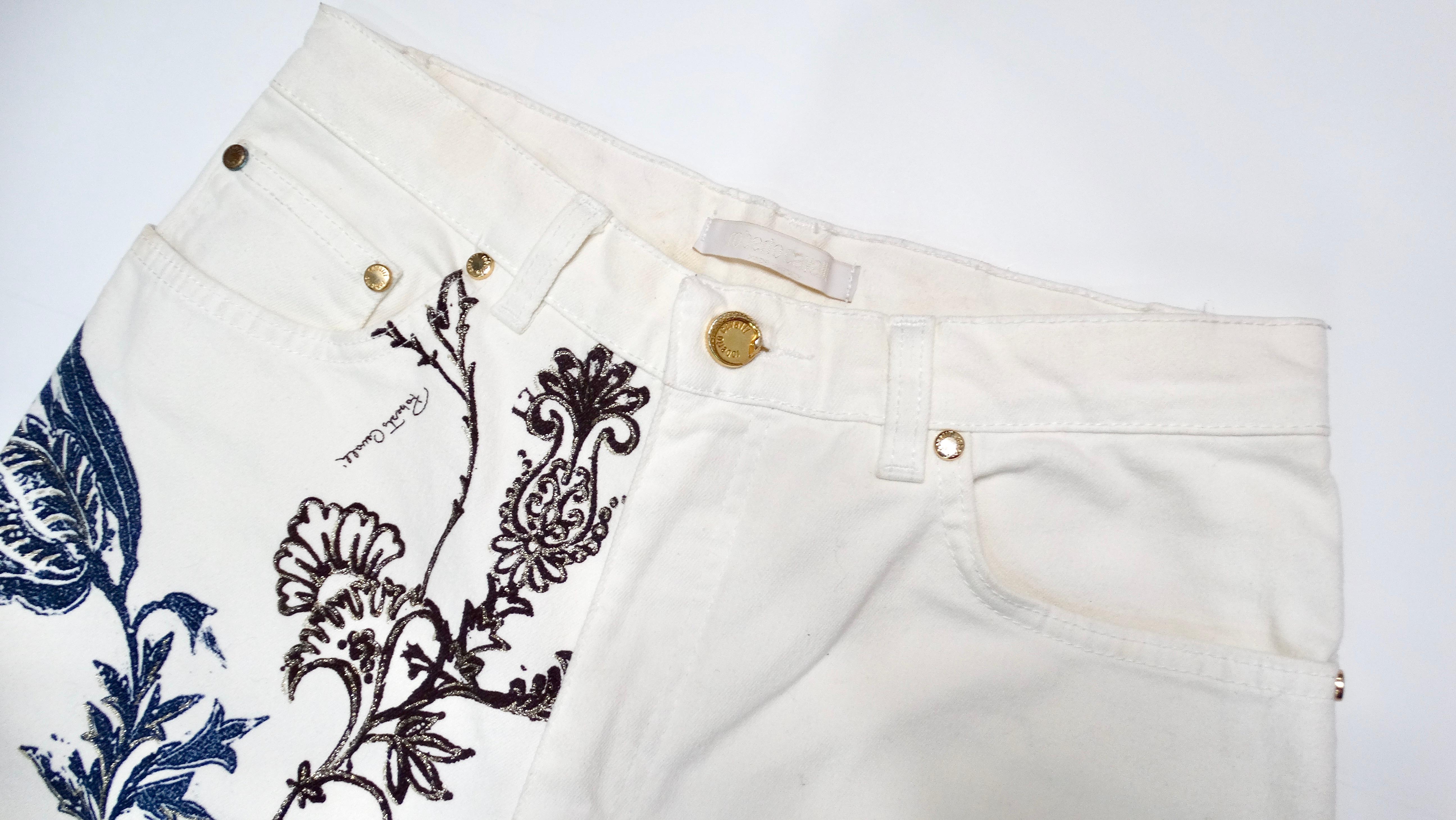 Women's 2003 Roberto Cavalli White Tattoo Style Print Jeans