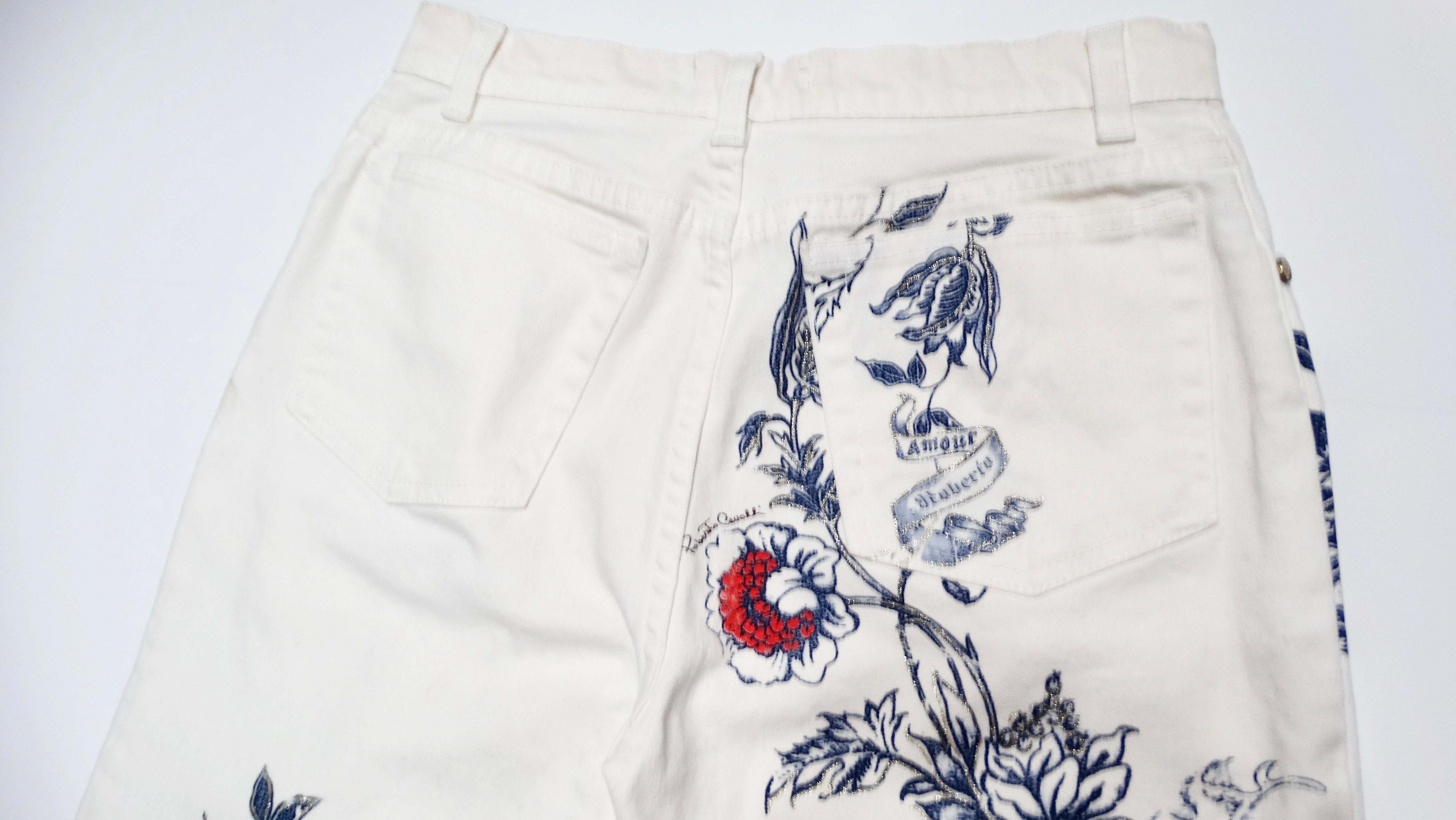 2003 Roberto Cavalli White Tattoo Style Print Jeans 2