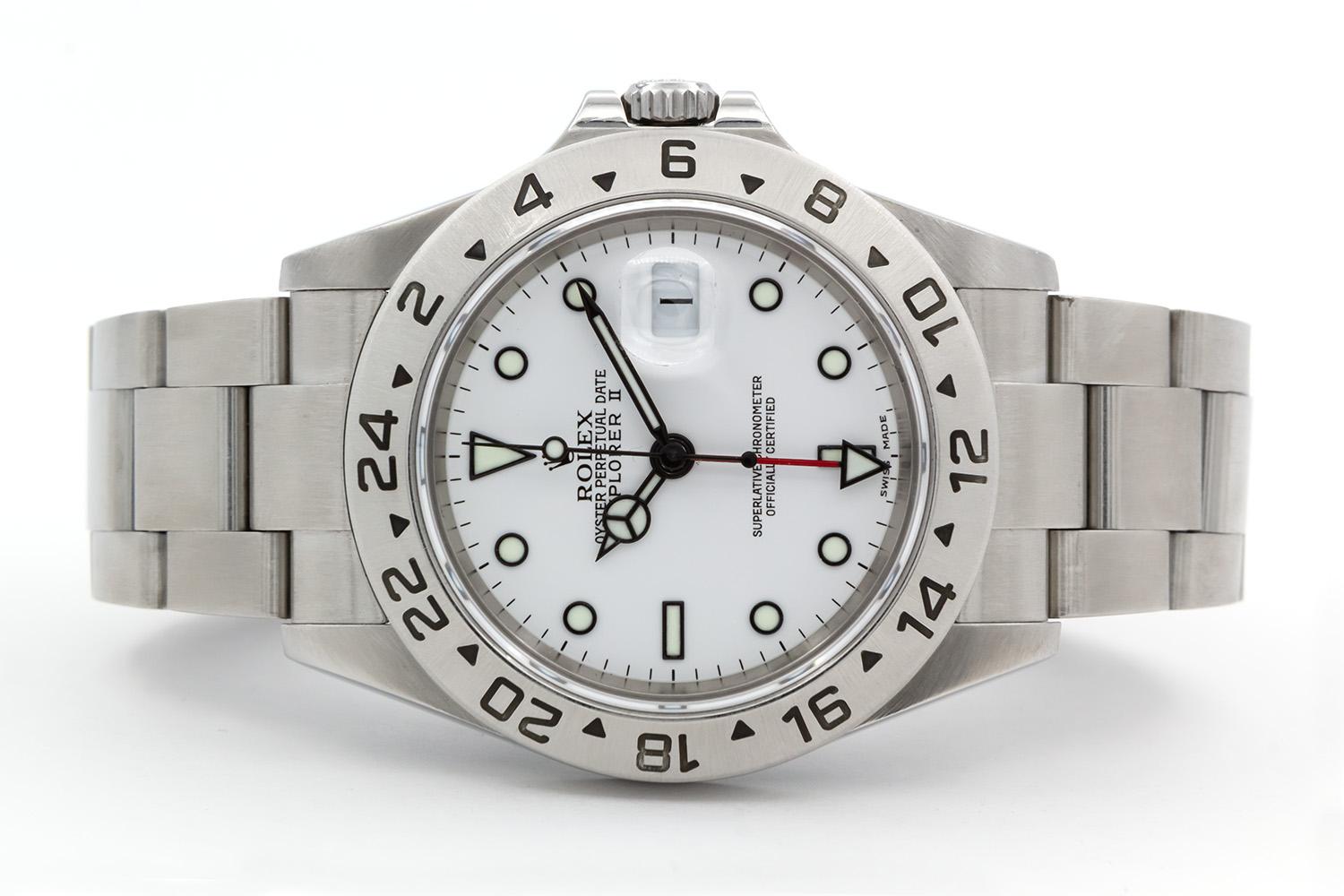 We are pleased to offer this 2003 Rolex Explorer II Polar White 16570. This watch features a 40mm stainless steel “no holes” case, Polar white dial, fixed stainless steel 24 hour dial, brushed oyster bracelet and flip lock clasp. It will fit up to a