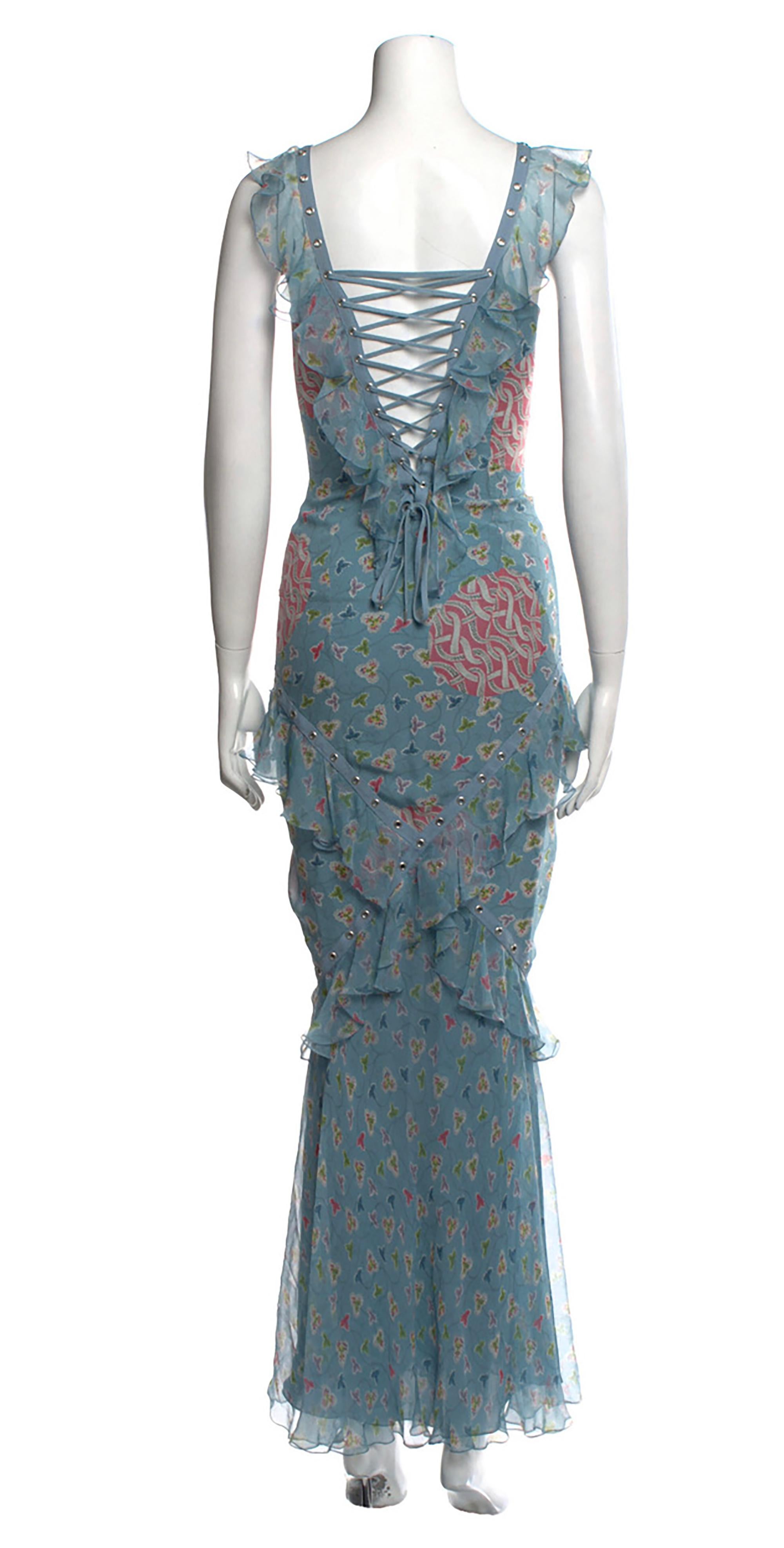 2003 S/S Christian Dior by Galliano Gown 
Floral pattern, lacing at front and back. 
100% silk 
Condition: Excellent
size S / US 4 / FR 36
