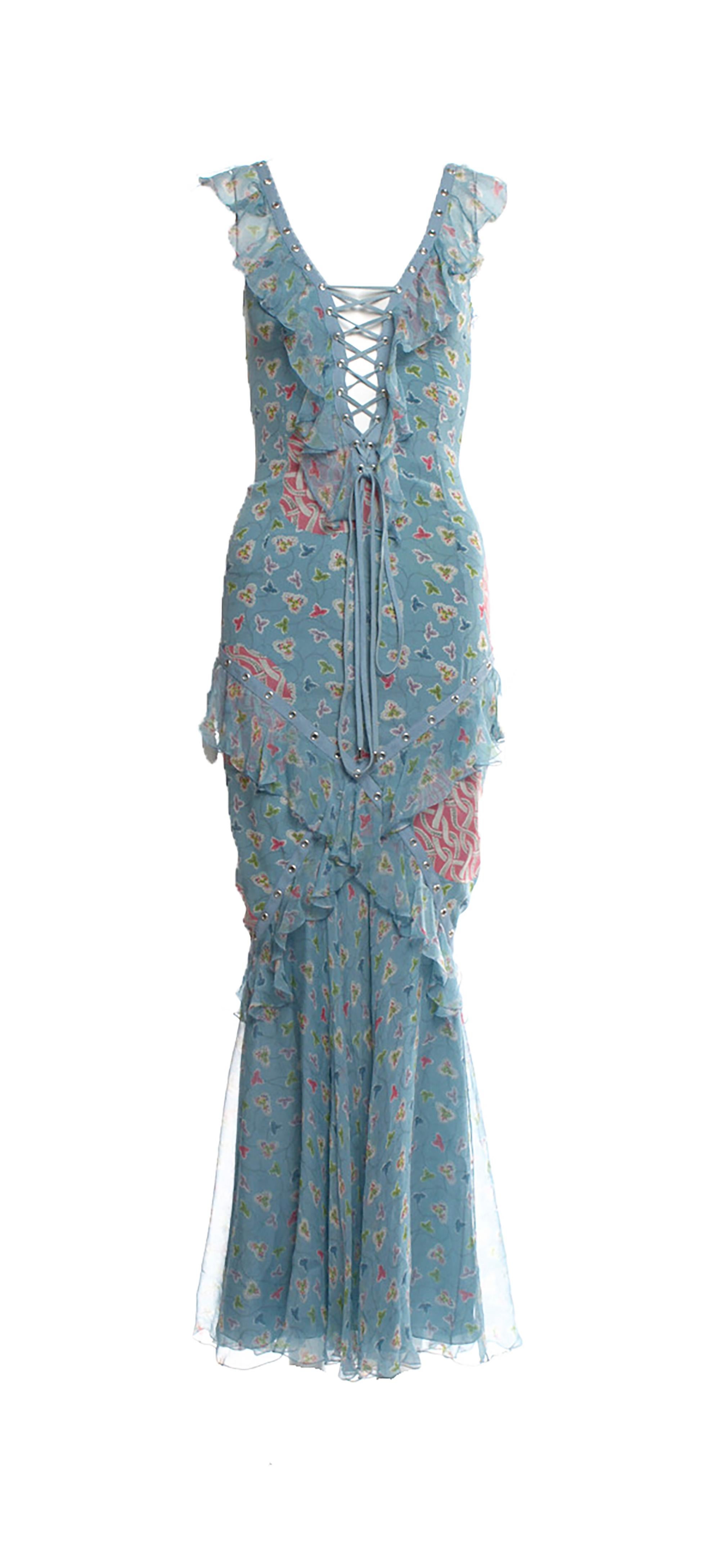 Gray 2003 S/S Christian Dior blue floral gown by Galliano 