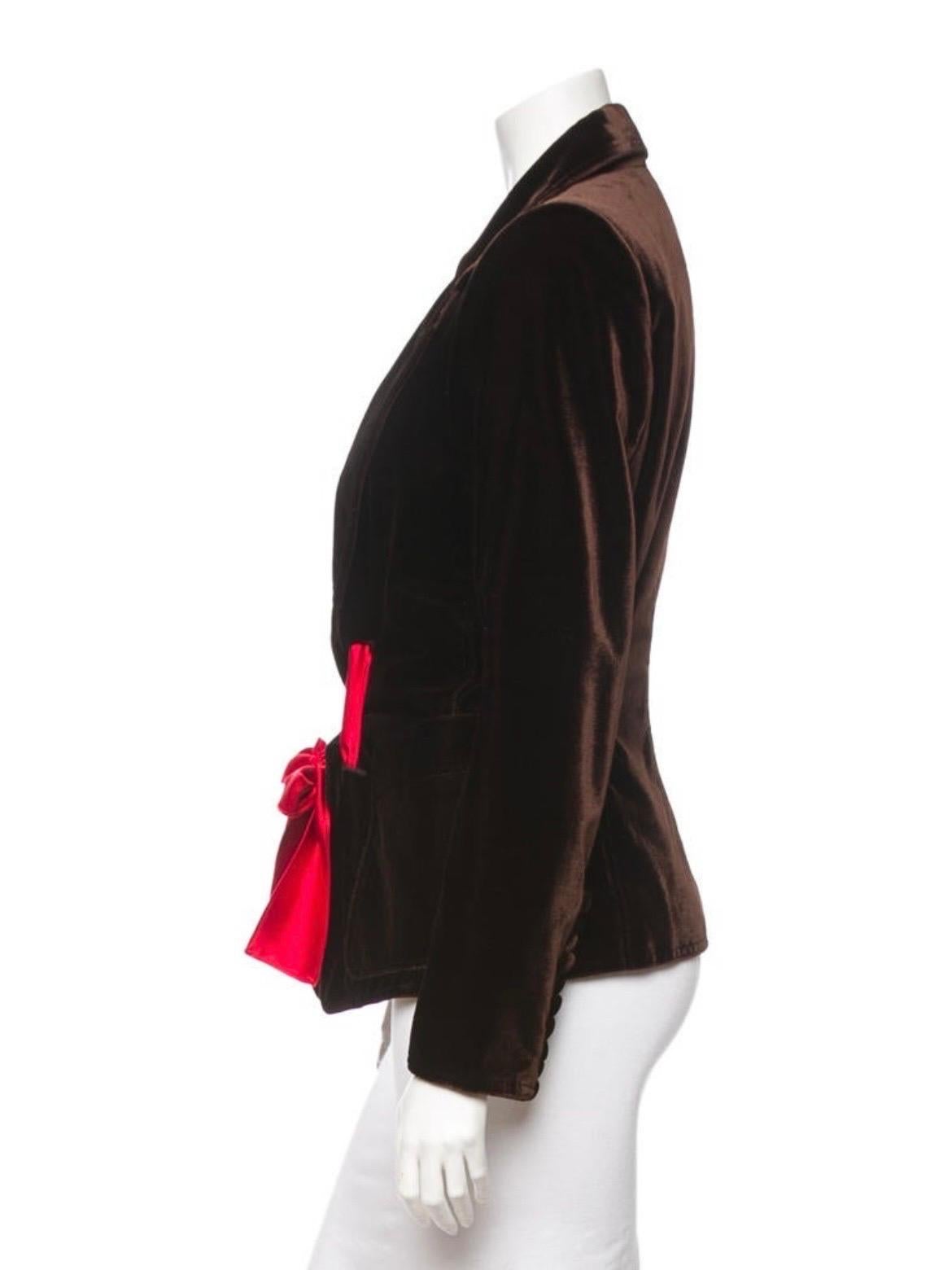 Black 2003 Tom Ford for Yves Saint Laurent Chocolate Brown Velvet w/ Red Bow Blazer For Sale