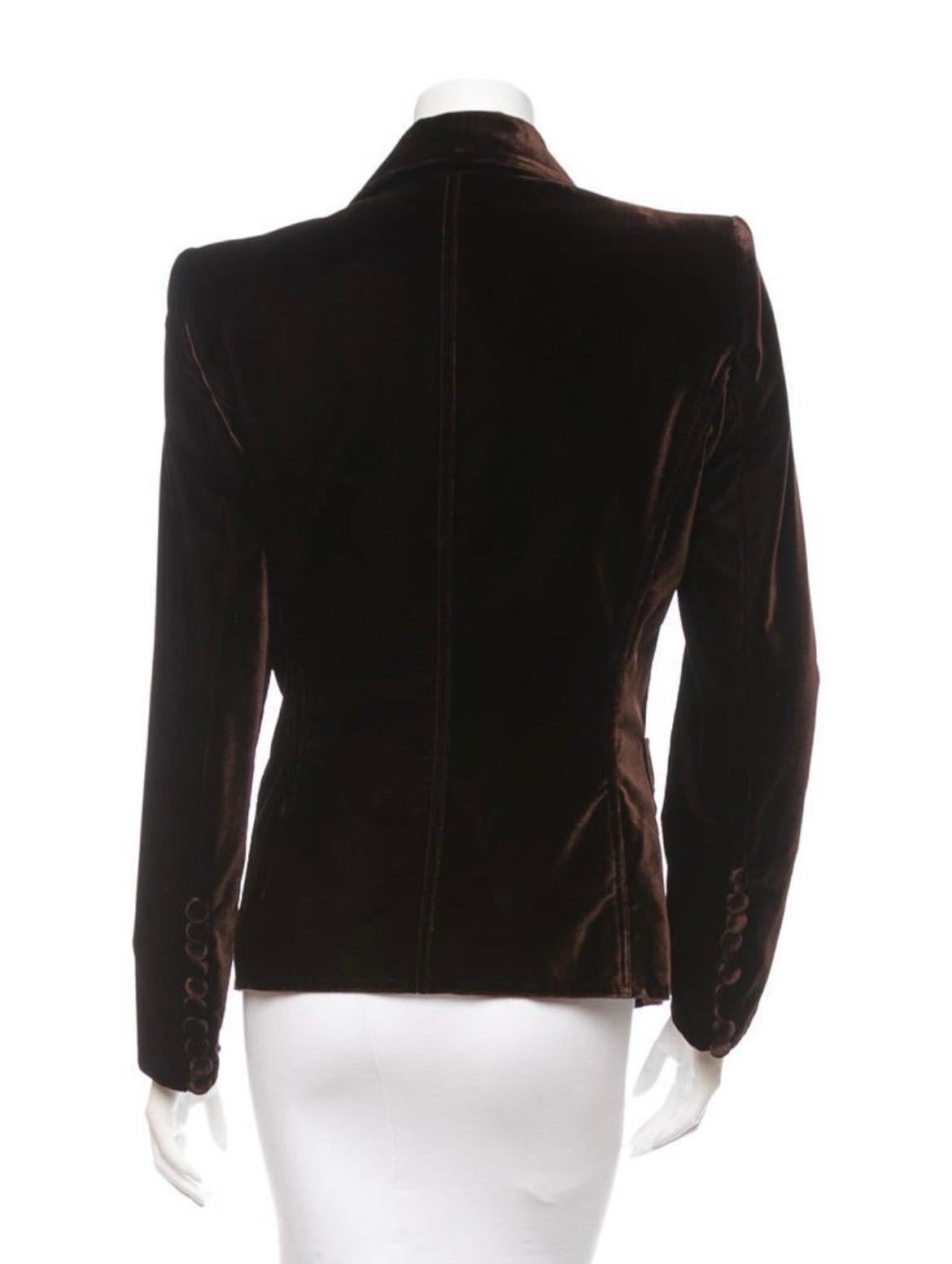 2003 Tom Ford for Yves Saint Laurent Chocolate Brown Velvet w/ Red Bow Blazer In Excellent Condition For Sale In Montgomery, TX