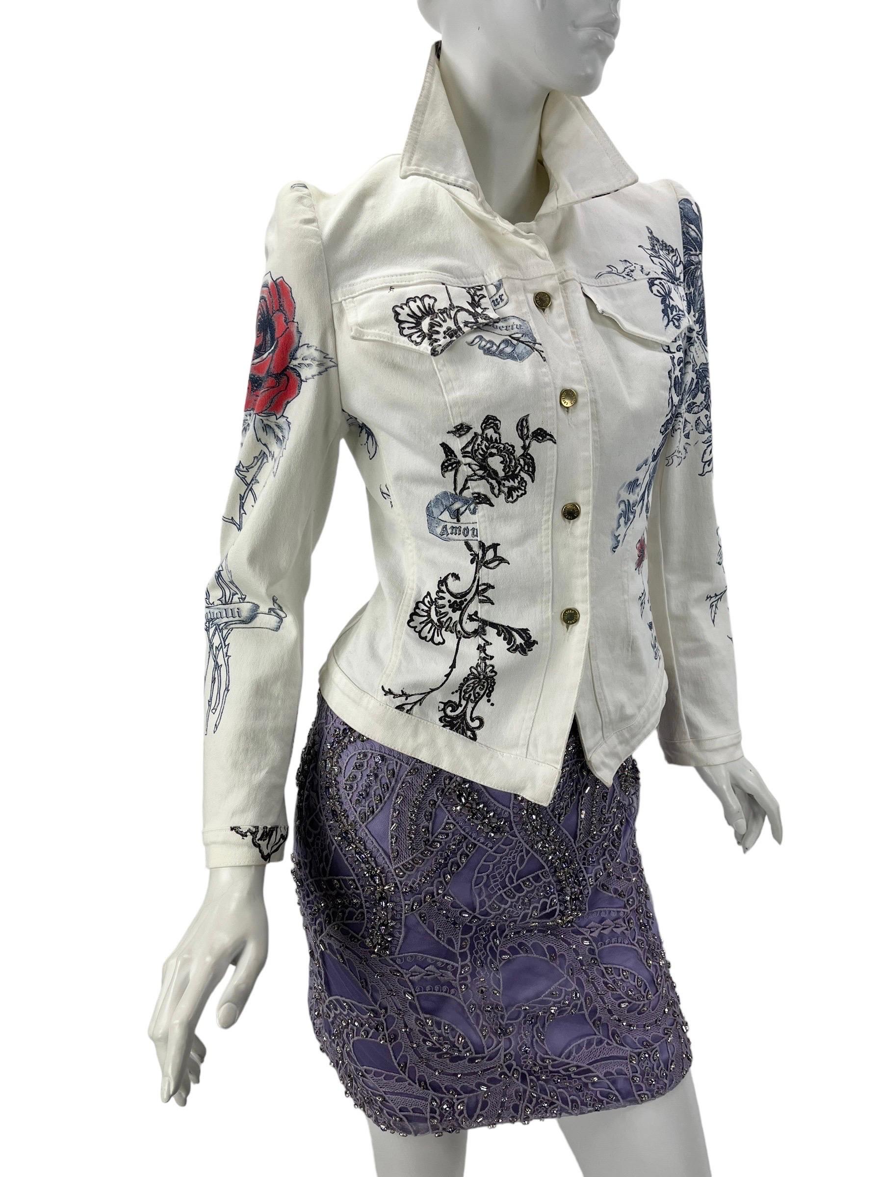 Denim jacket with all-over tattoo print from Roberto Cavalli's spring 2003 collection. 
Measurements
Bust: 34-38