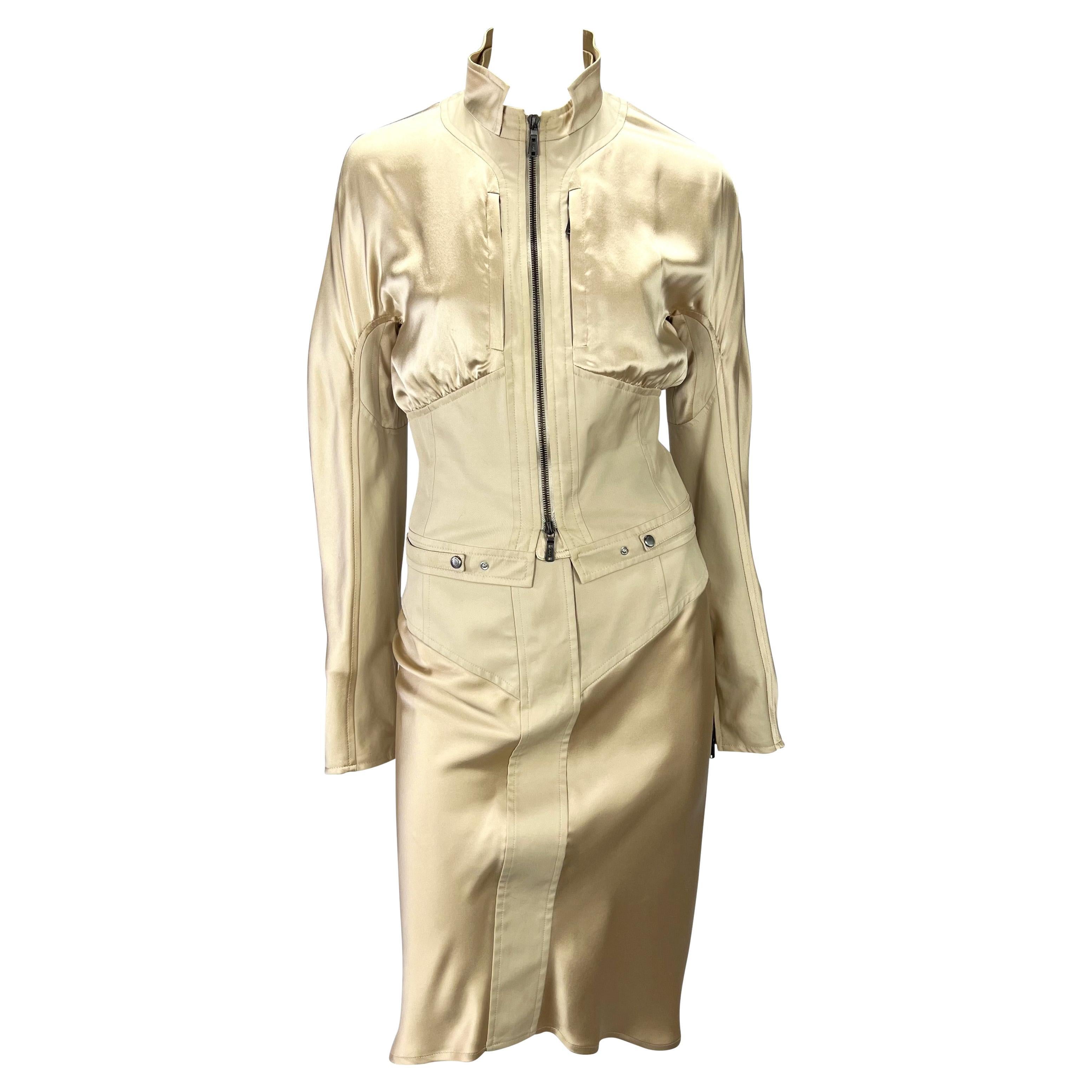 2003 Yves Saint Laurent by Tom Ford Champagne Silk Satin Skirt Jacket Set For Sale