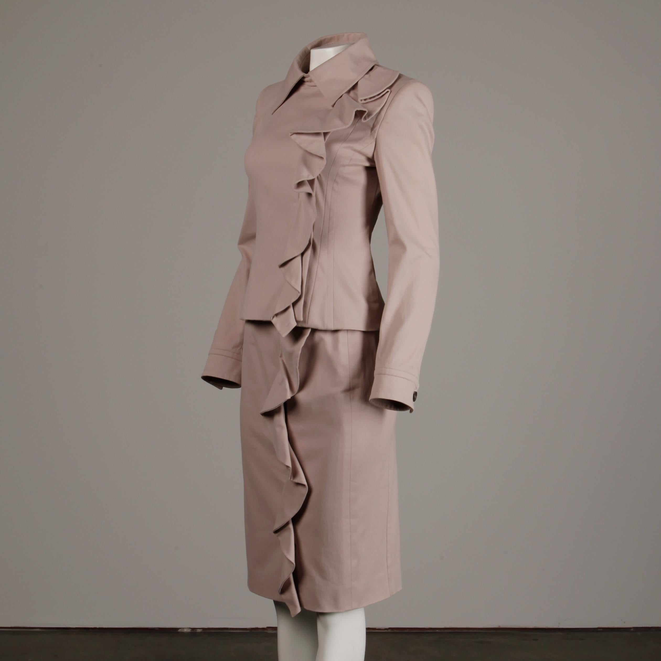 2003 Yves Saint Laurent by Tom Ford Pink Ruffle Jacket + Skirt Suit Ensemble YSL For Sale 1