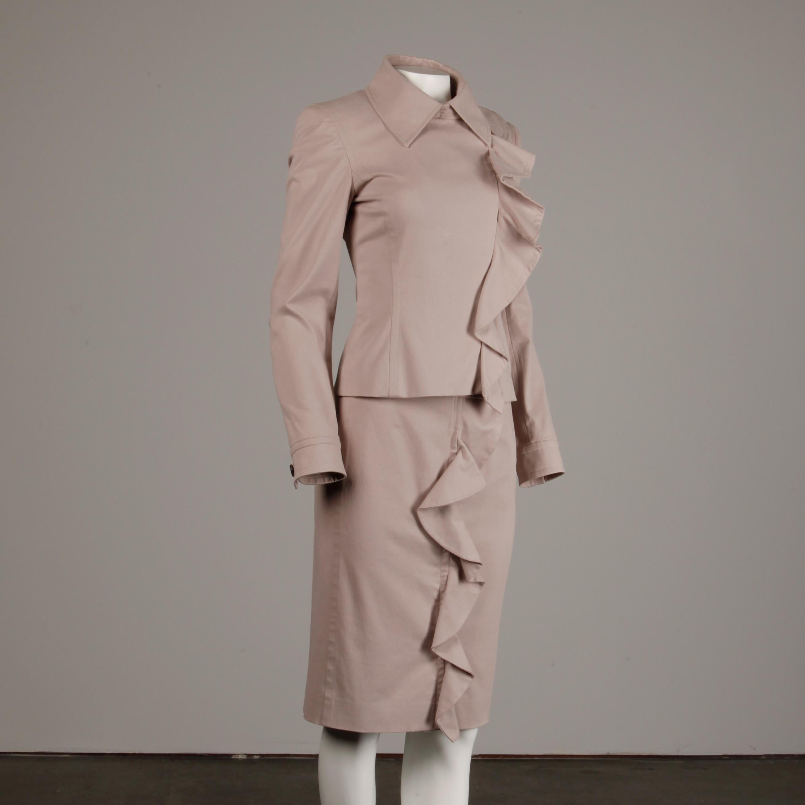 2003 Yves Saint Laurent by Tom Ford Pink Ruffle Jacket + Skirt Suit Ensemble YSL For Sale 2