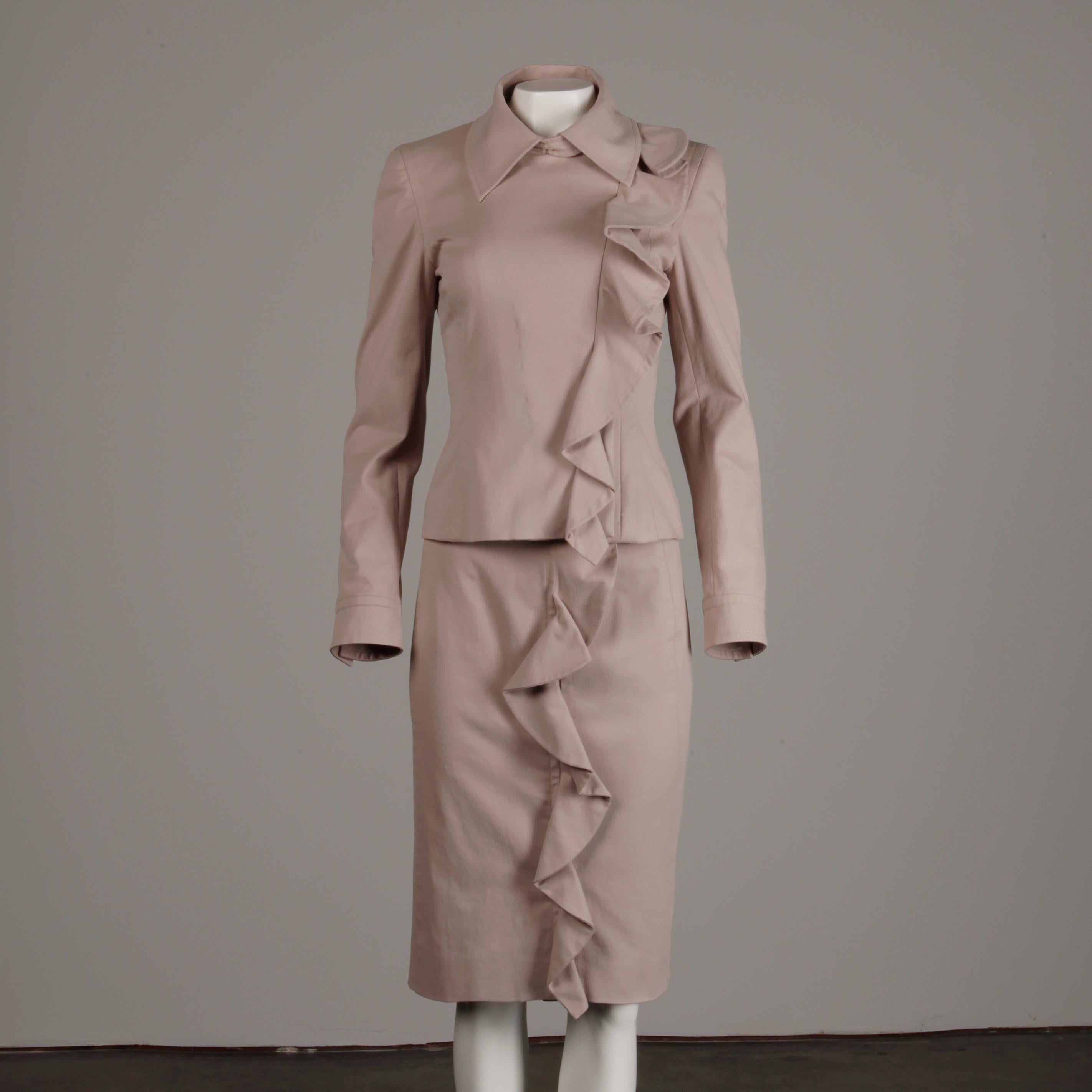 2003 Yves Saint Laurent by Tom Ford Pink Ruffle Jacket + Skirt Suit Ensemble YSL For Sale 4