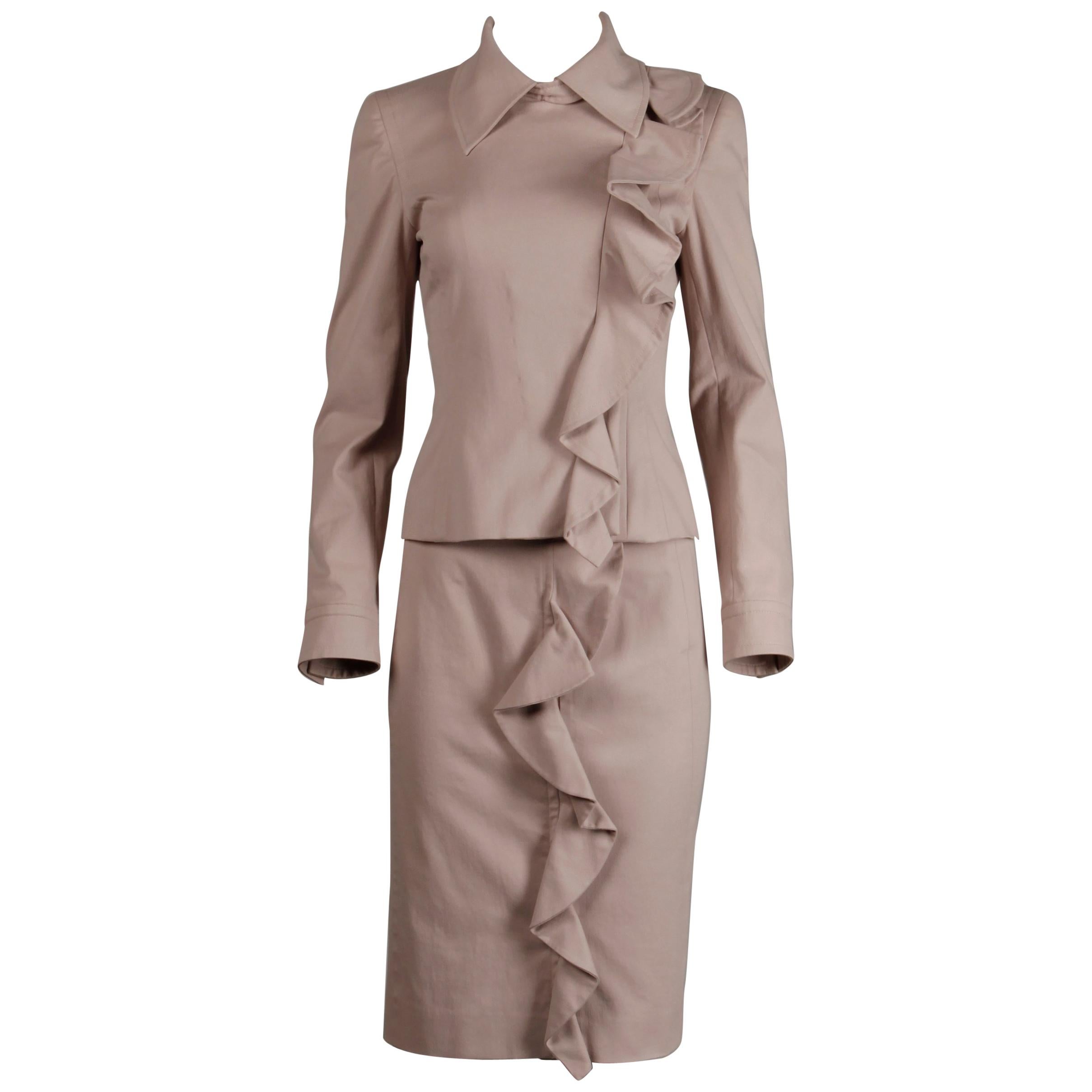 2003 Yves Saint Laurent by Tom Ford Pink Ruffle Jacket + Skirt Suit Ensemble YSL For Sale