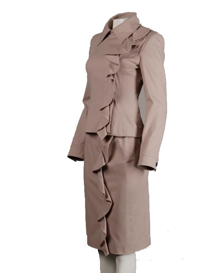 Yves Saint Laurent Rive Gauche Two-Piece Skirt Suit
Vintage
From the Fall/Winter 2003 Collection by Tom Ford
Ruffle Embellishment
Button Closure at Front

Content: 97% Cotton, 3% Spandex; Lining 55% Rayon, 45% Spandex

Size US 10(L)
Bust: 39