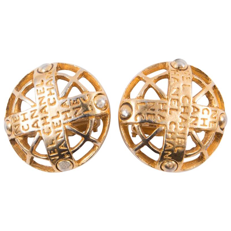 2003s Chanel Logo Gold Tone Clip On Earrings