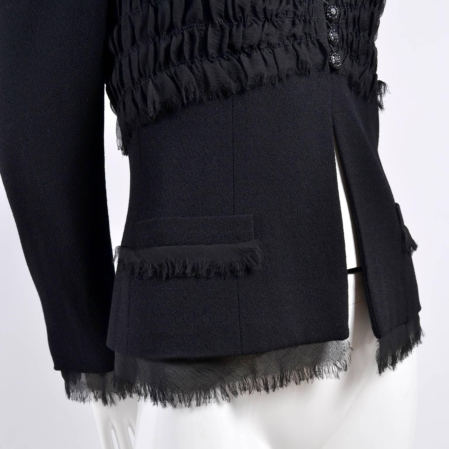 2004 Black Silk & Wool Chanel Jacket Ruching W Frayed Edges New w/ Tag 04 Sz 38 6
