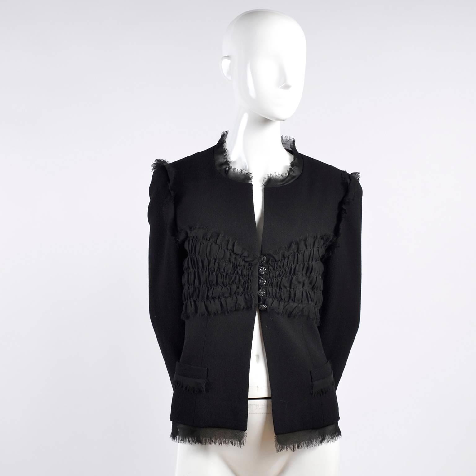 2004 Black Silk & Wool Chanel Jacket Ruching W Frayed Edges New w/ Tag 04 Sz 38 13