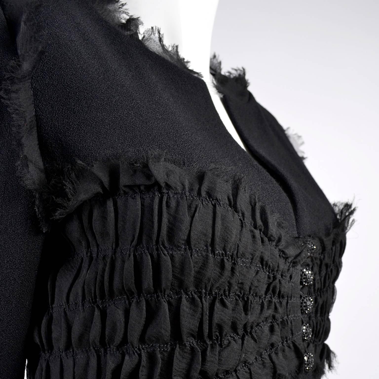 Women's 2004 Black Silk & Wool Chanel Jacket Ruching W Frayed Edges New w/ Tag 04 Sz 38