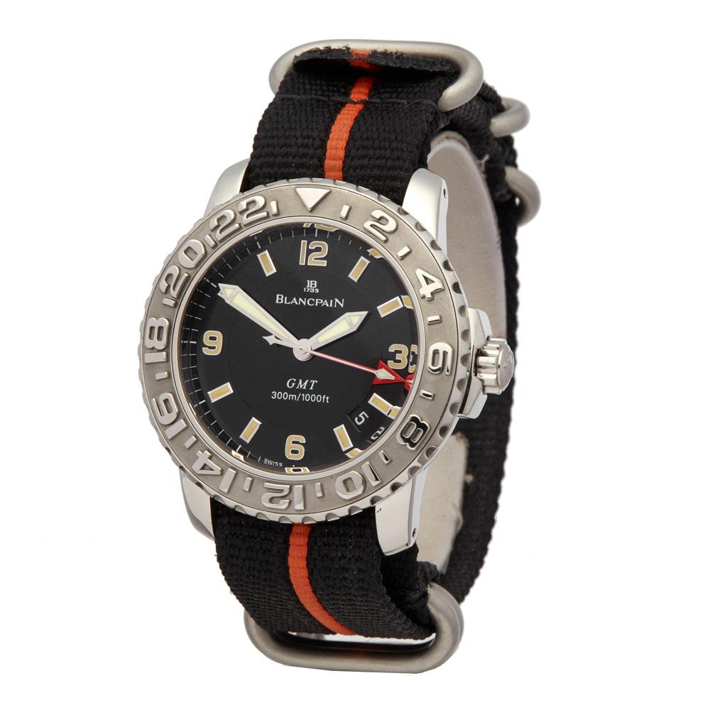Contemporary 2004 Blancpain Fifty Fathoms GMT Stainless Steel 2250 1130 71 Wristwatch
 *
 *Complete with: Box, Manuals, Blancpain service papers dated 24th May 2018 & Guarantee dated 1st October 2004
 *Case Size: 40mm
 *Strap: Fabric Nato
 *Age: