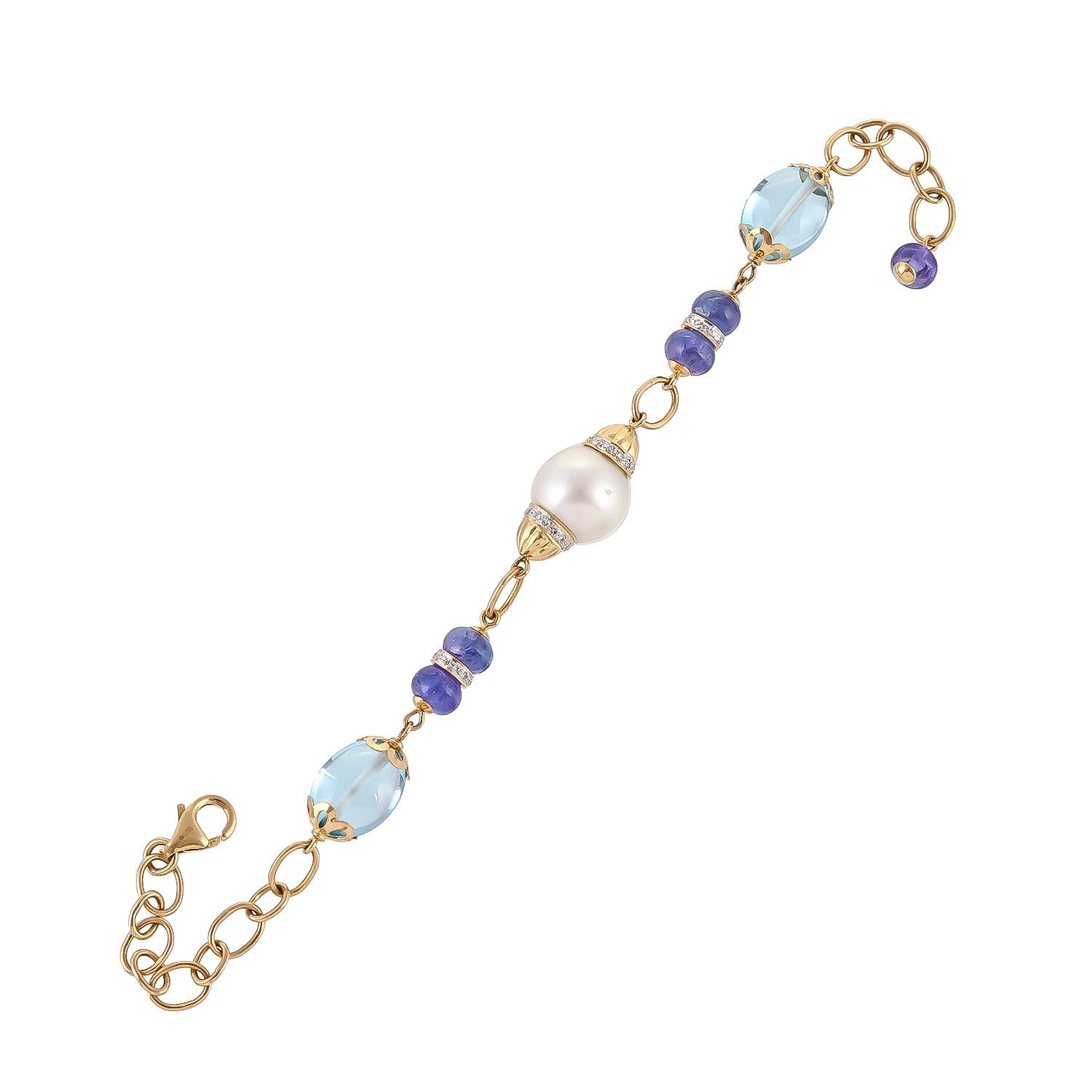 20.04ct blue topaz dumbles are played with 9.00ct tanzanite beads and further enhanced with 11.51ct white south sea pearls and 0.34ct diamonds in this 18kt gold bracelet.
Art of gifting: the Jewel is presented with 'Exquisite Fine Jewellery'