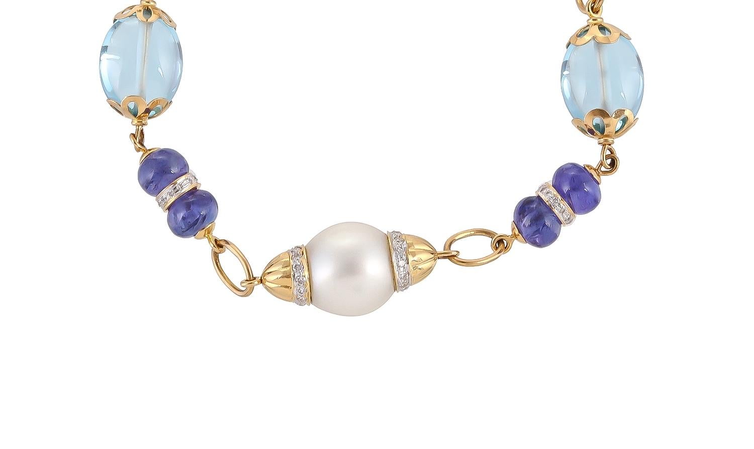 20.04 Carat Blue Topaz Dumbles Tanzanite Beads South Sea Pearl Diamond Bracelet In New Condition For Sale In Jaipur, Jaipur