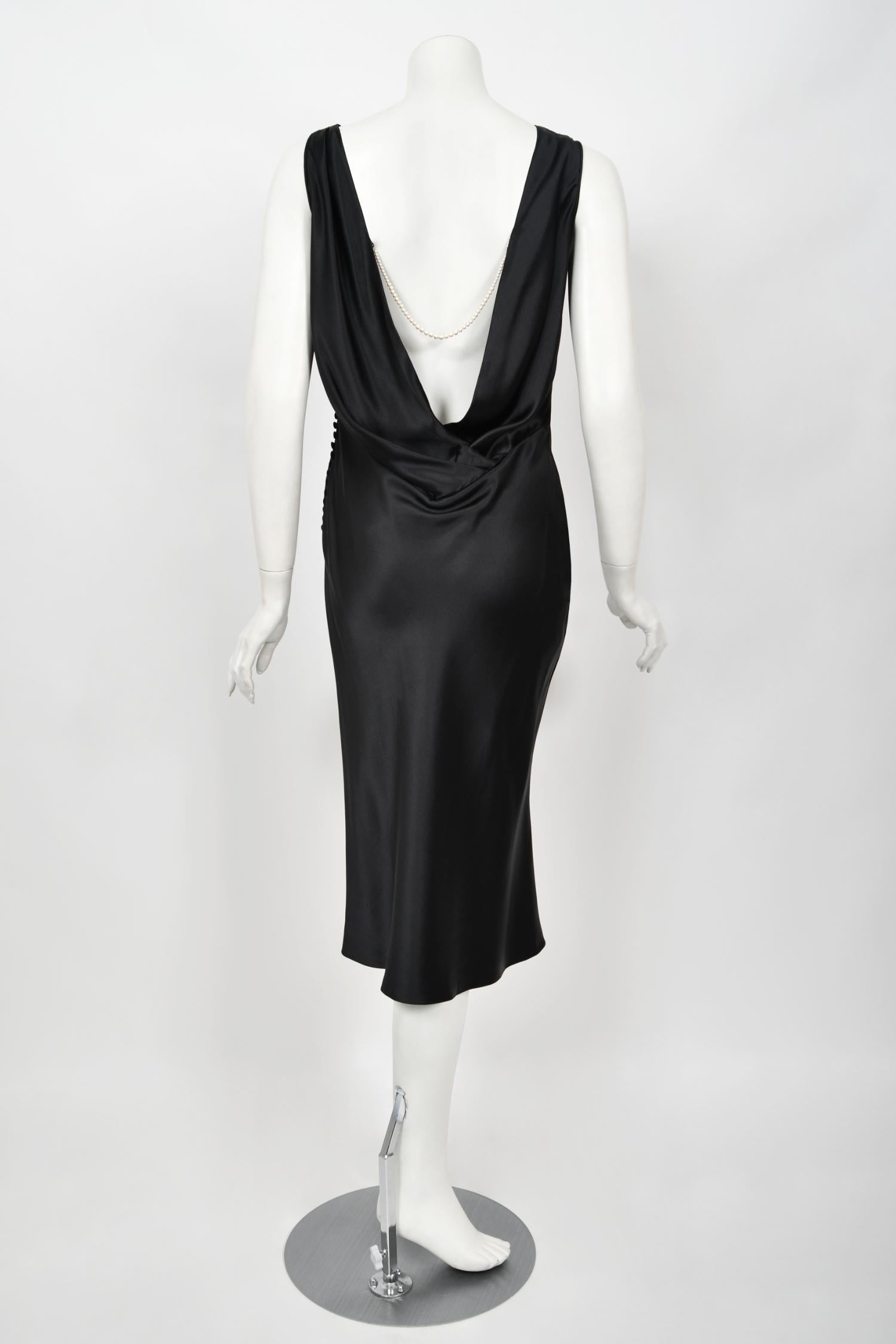 2004 Christian Dior by Galliano Black Silk Backless Draped Pearls Bias-Cut Dress 7