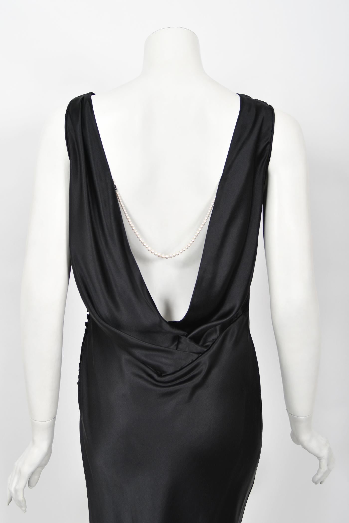 2004 Christian Dior by Galliano Black Silk Backless Draped Pearls Bias-Cut Dress 8
