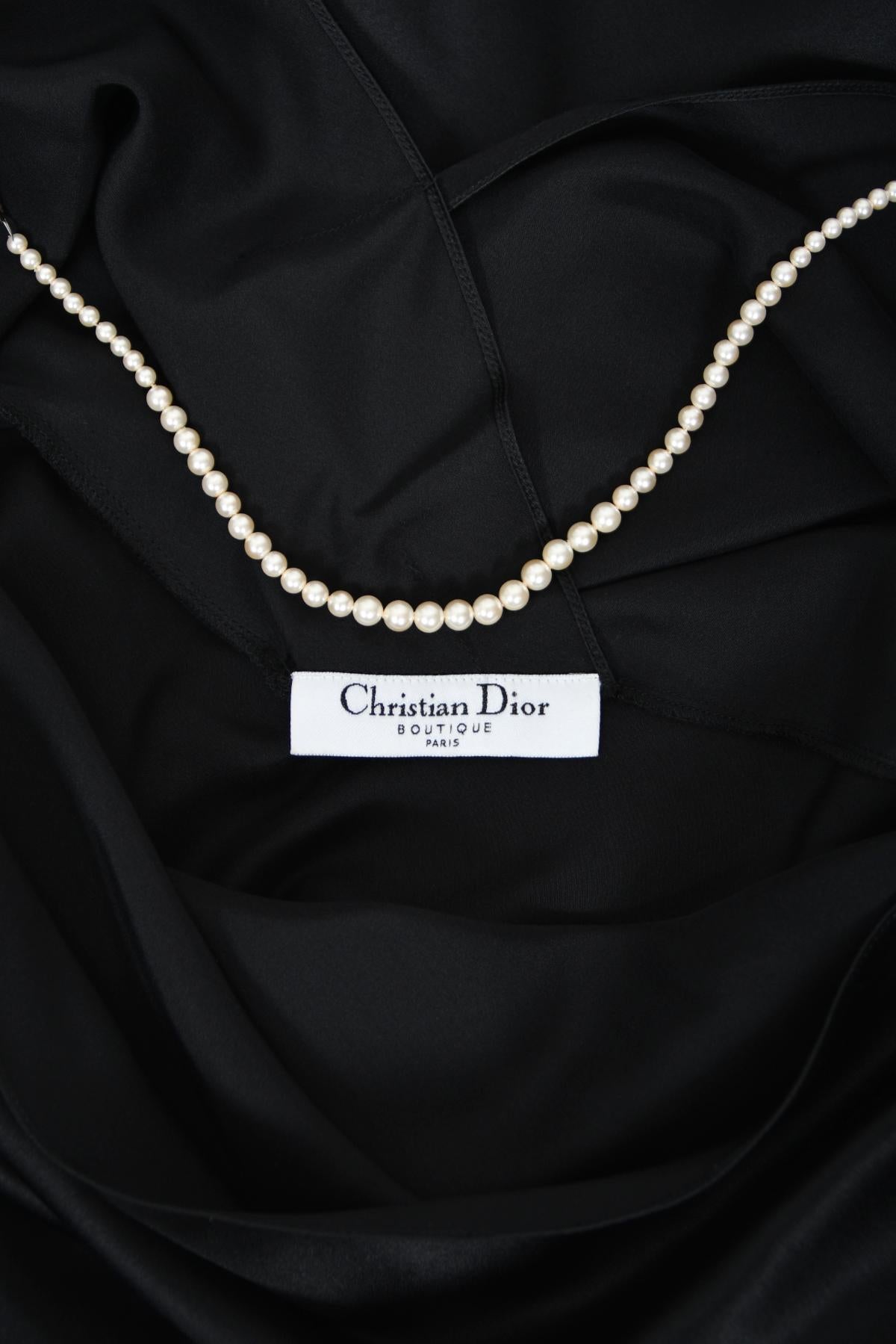 2004 Christian Dior by Galliano Black Silk Backless Draped Pearls Bias-Cut Dress 10