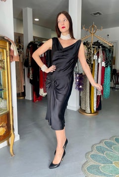 2004 Christian Dior by Galliano Black Silk Backless Draped Pearls Bias-Cut Dress