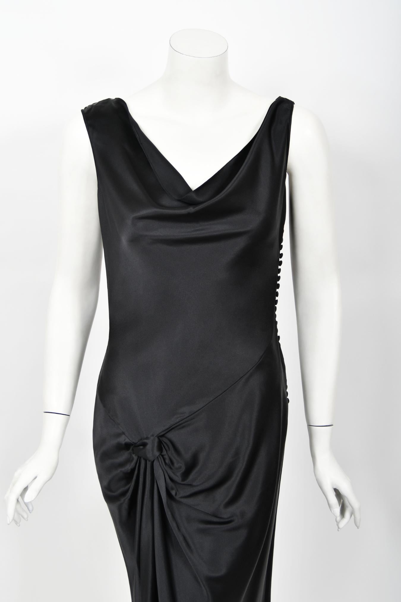 2004 Christian Dior by Galliano Black Silk Backless Draped Pearls Bias-Cut Dress In Good Condition In Beverly Hills, CA