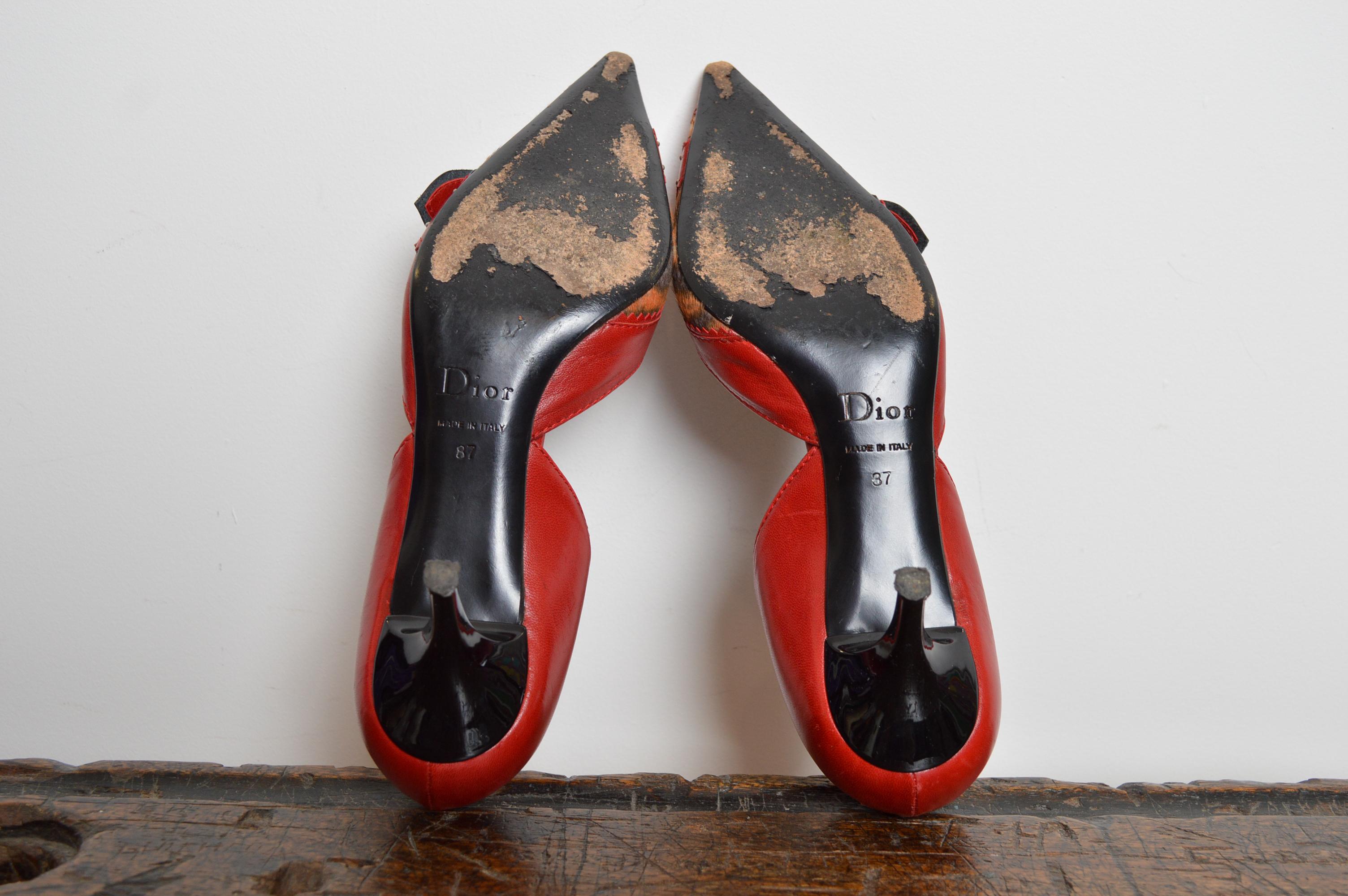2004 Christian Dior Galliano D’Trick Red Leather Leopard Pointed Kitten Heels For Sale 7
