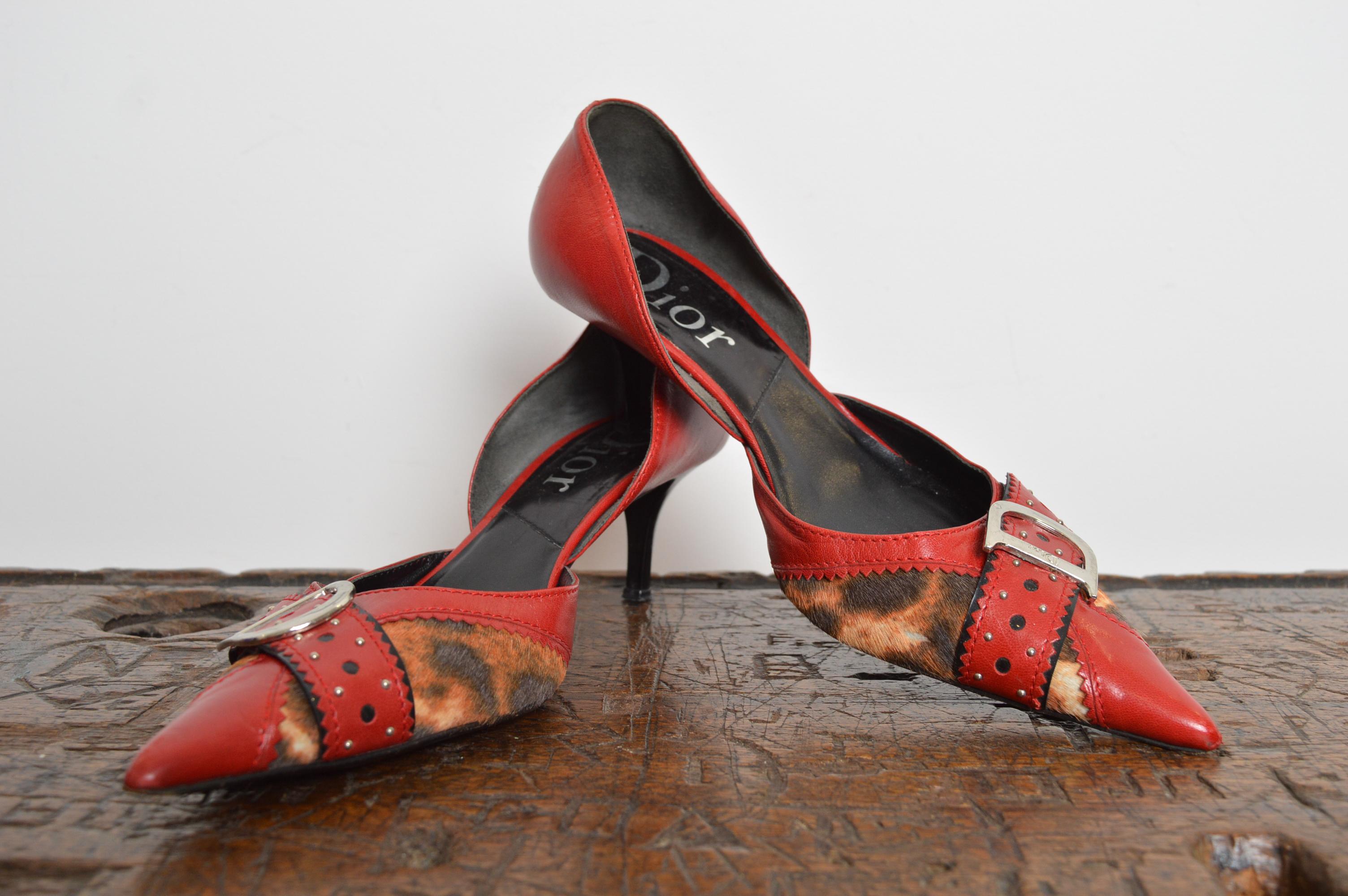 2004 Christian Dior Galliano D’Trick Red Leather Leopard Pointed Kitten Heels For Sale 9
