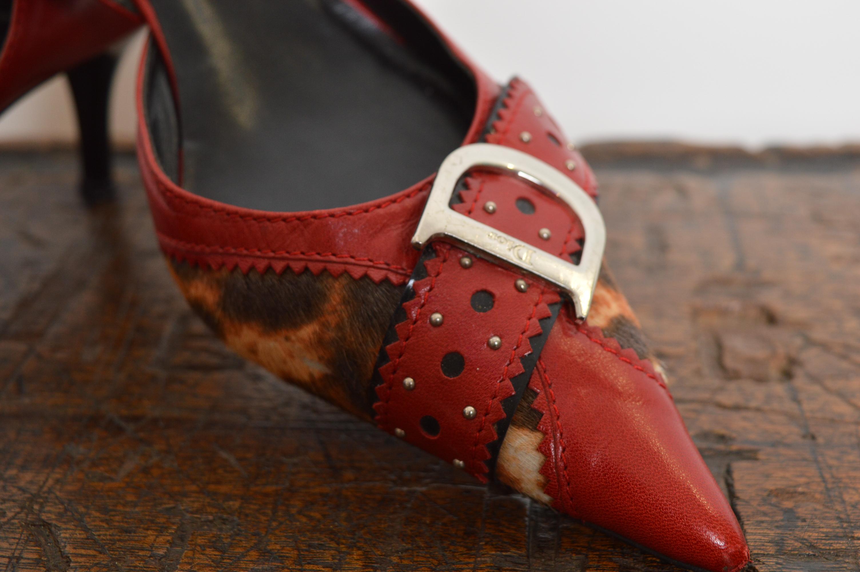 2004 Christian Dior Galliano D’Trick Red Leather Leopard Pointed Kitten Heels For Sale 10