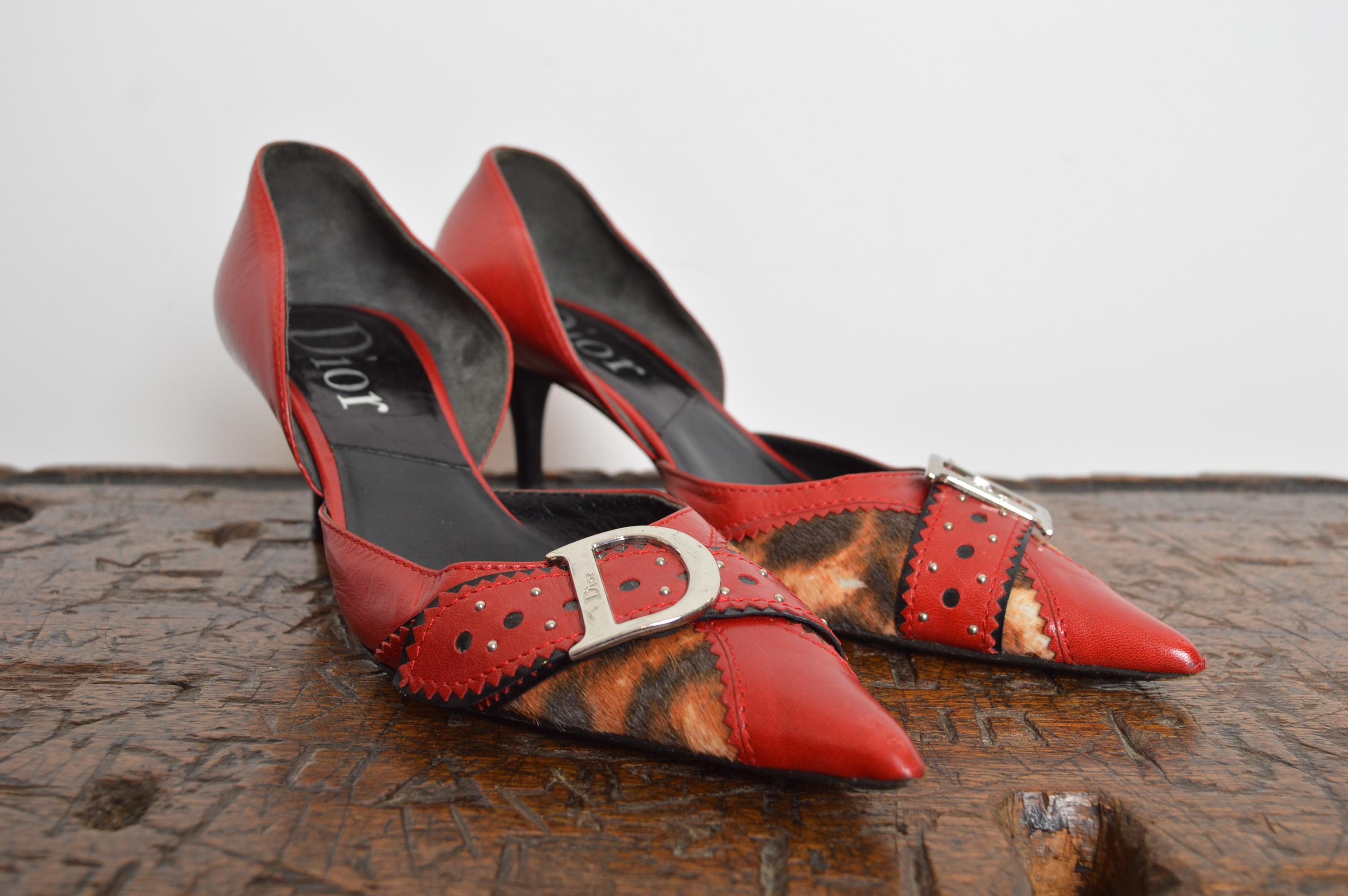 2004 Christian Dior by John Galliano D’Trick Red Leather & Leopard Pointed Court Shoe Heels, named in homage to Marlene Dietrich featuring perforated  leather, Chrome ‘D’ Buckles and 2” Kitten Heels
Size; UK 4 / EU 37
Heel Height; 2”