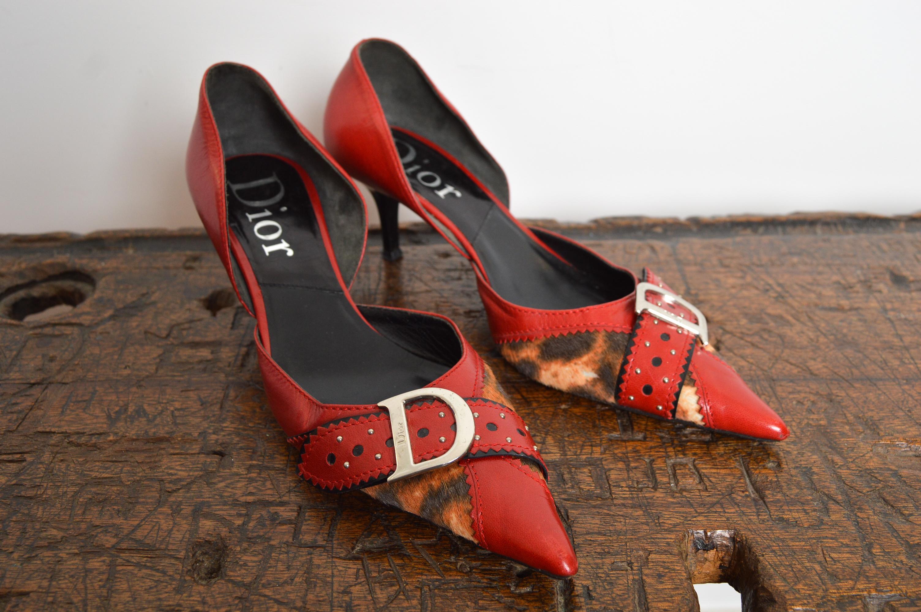 Brown 2004 Christian Dior Galliano D’Trick Red Leather Leopard Pointed Kitten Heels For Sale
