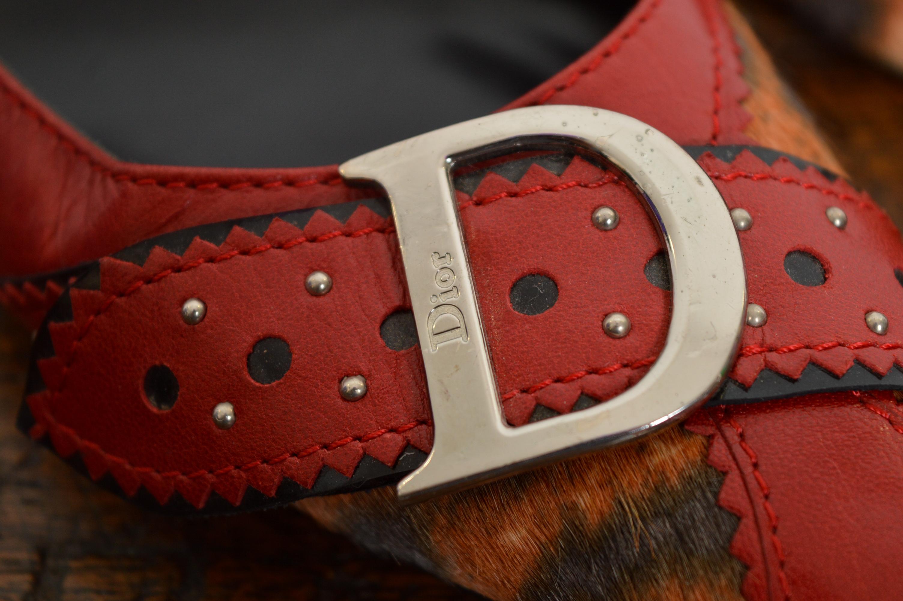2004 Christian Dior Galliano D’Trick Red Leather Leopard Pointed Kitten Heels In Good Condition For Sale In Sheffield, GB