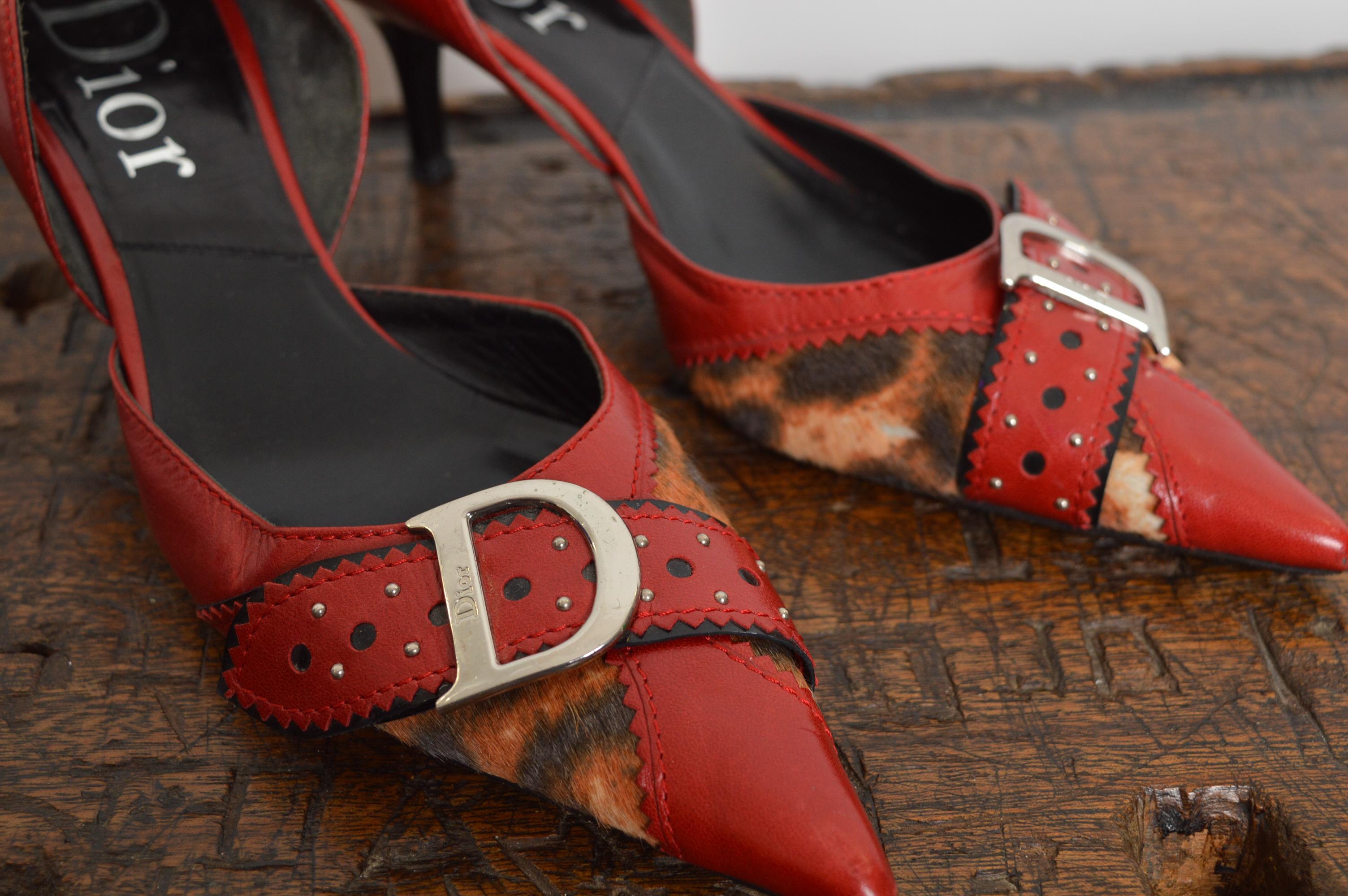 Women's 2004 Christian Dior Galliano D’Trick Red Leather Leopard Pointed Kitten Heels For Sale