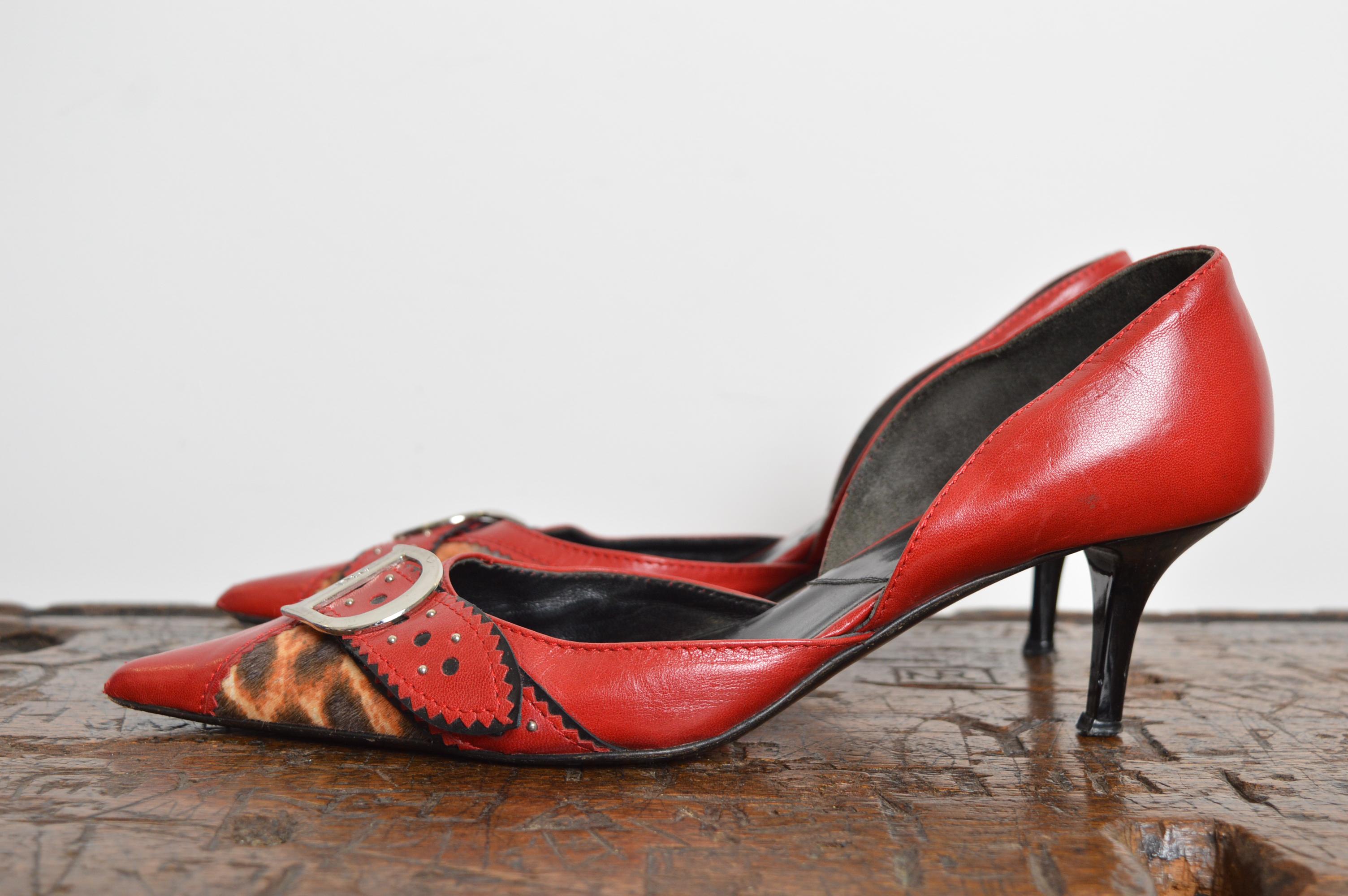 2004 Christian Dior Galliano D’Trick Red Leather Leopard Pointed Kitten Heels For Sale 3