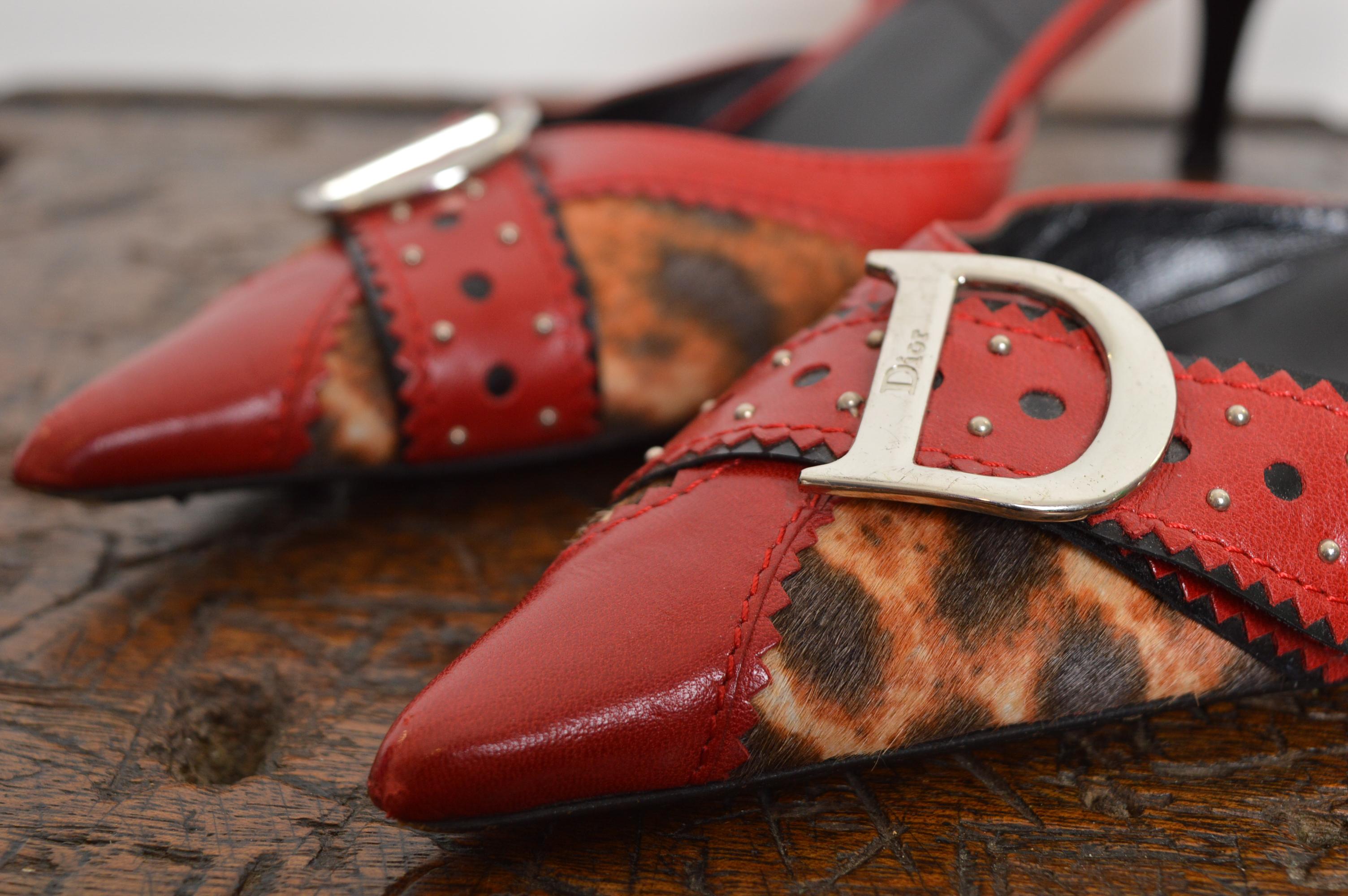 2004 Christian Dior Galliano D’Trick Red Leather Leopard Pointed Kitten Heels For Sale 4