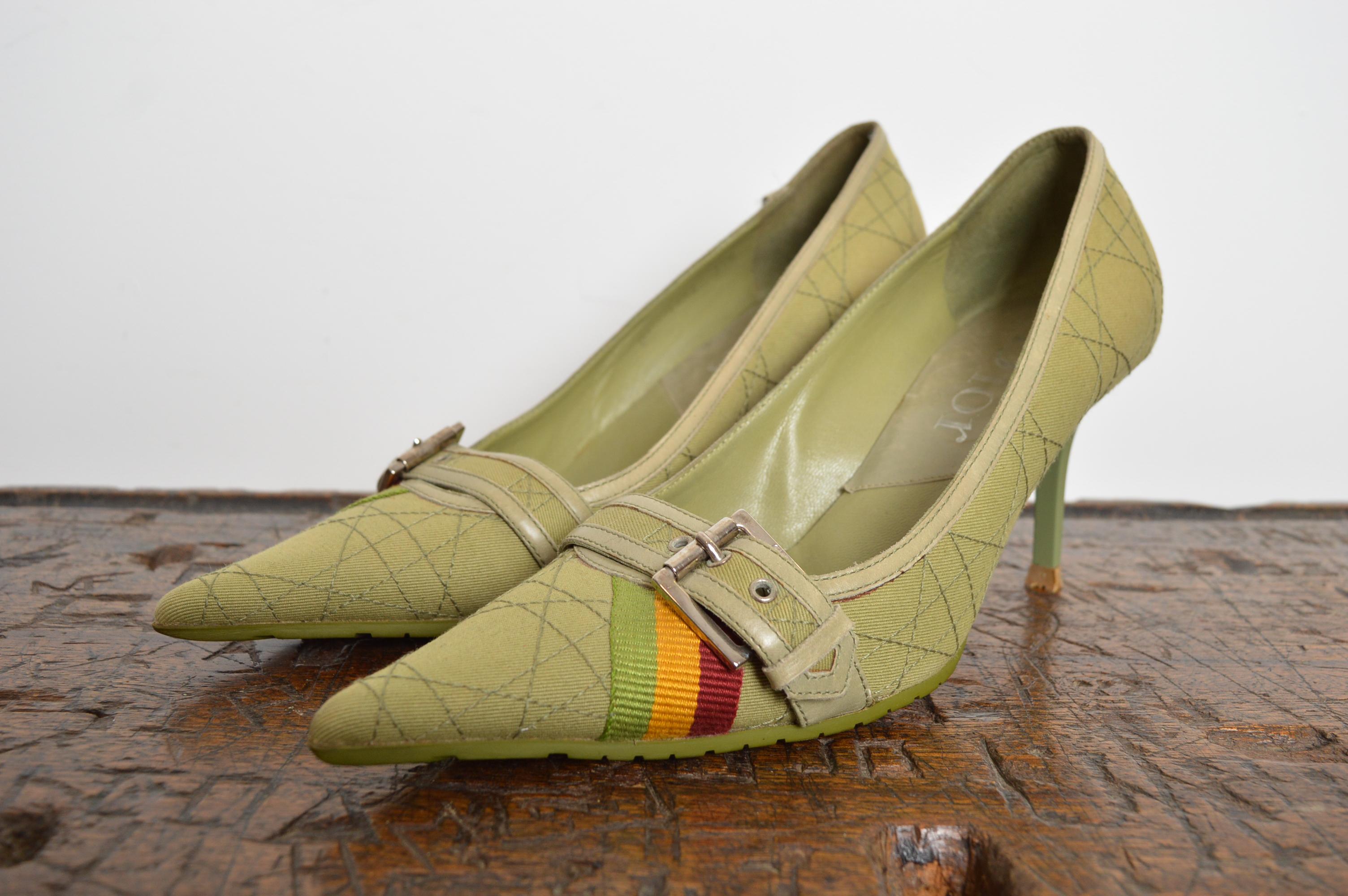 2004 Christian Dior John Galliano Green Rasta Cannage Court Shoes Pointed Heels For Sale 5