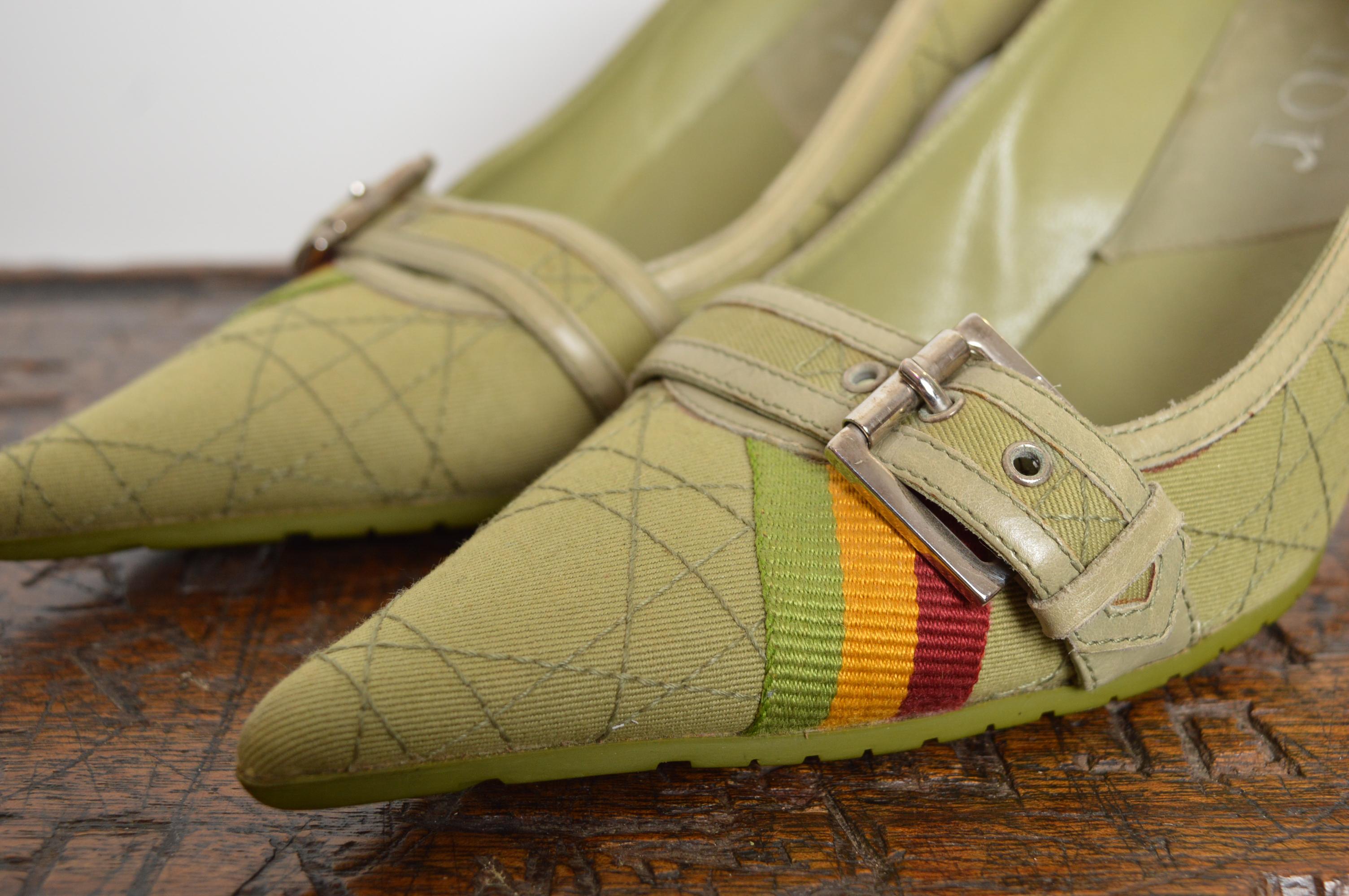 2004 Christian Dior John Galliano Green Rasta Cannage Court Shoes Pointed Heels For Sale 6