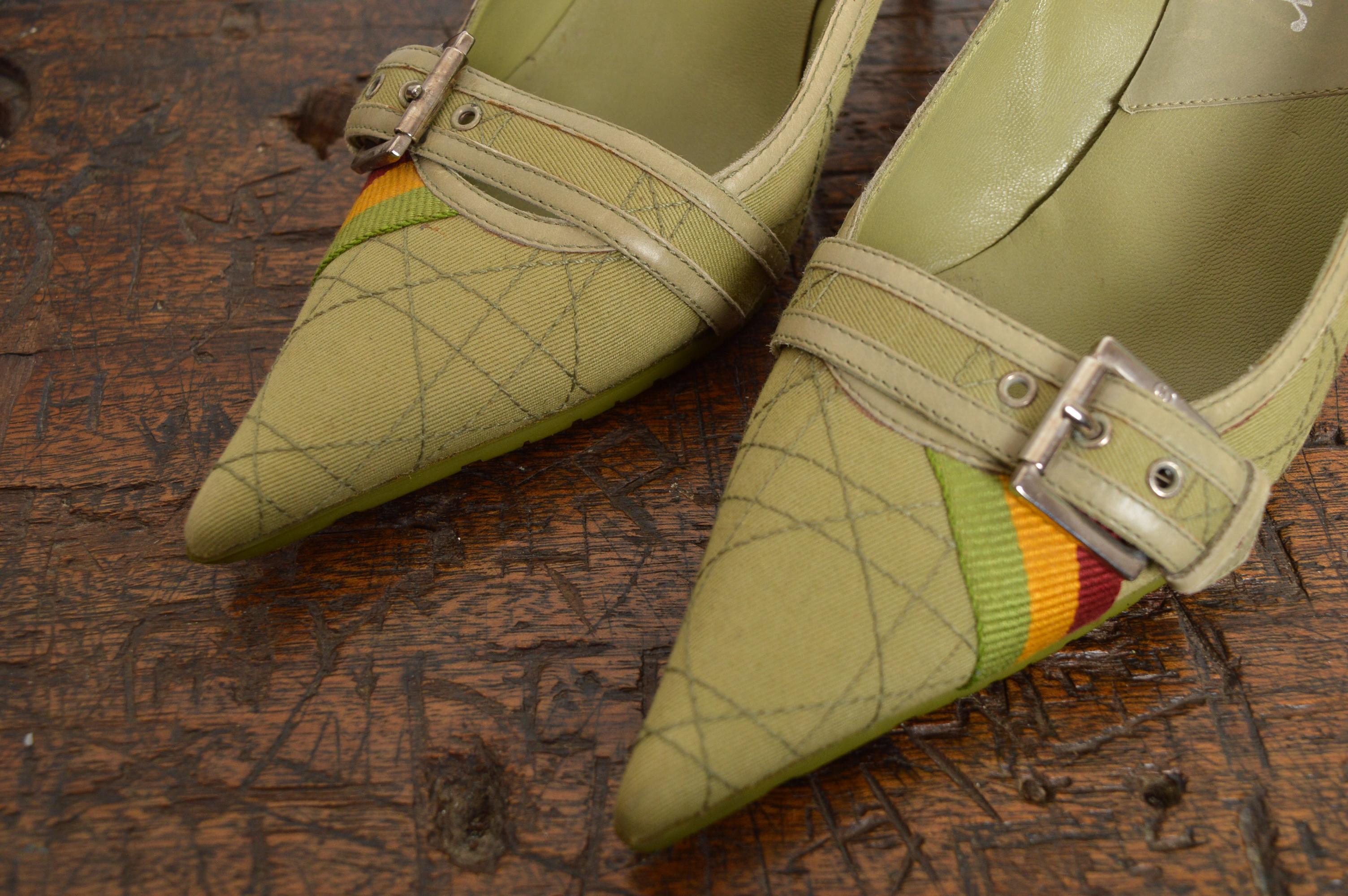 2004 Christian Dior John Galliano Green Rasta Cannage Court Shoes Pointed Heels For Sale 11