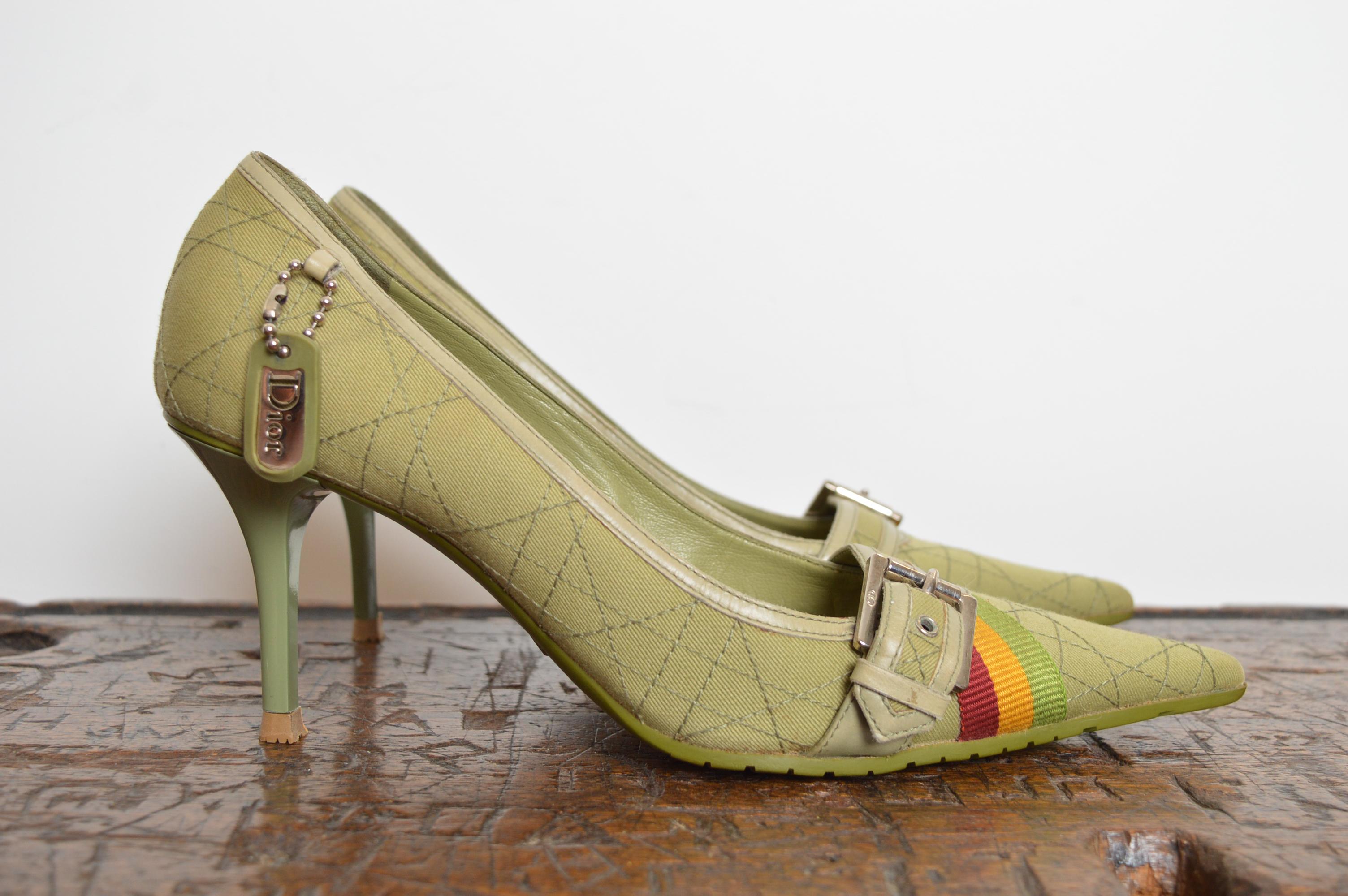 2004 Christian Dior John Galliano Green Rasta Cannage Court Shoes Pointed Heels For Sale 2