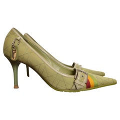 2004 Christian Dior John Galliano Green Rasta Cannage Court Shoes Pointed Heels
