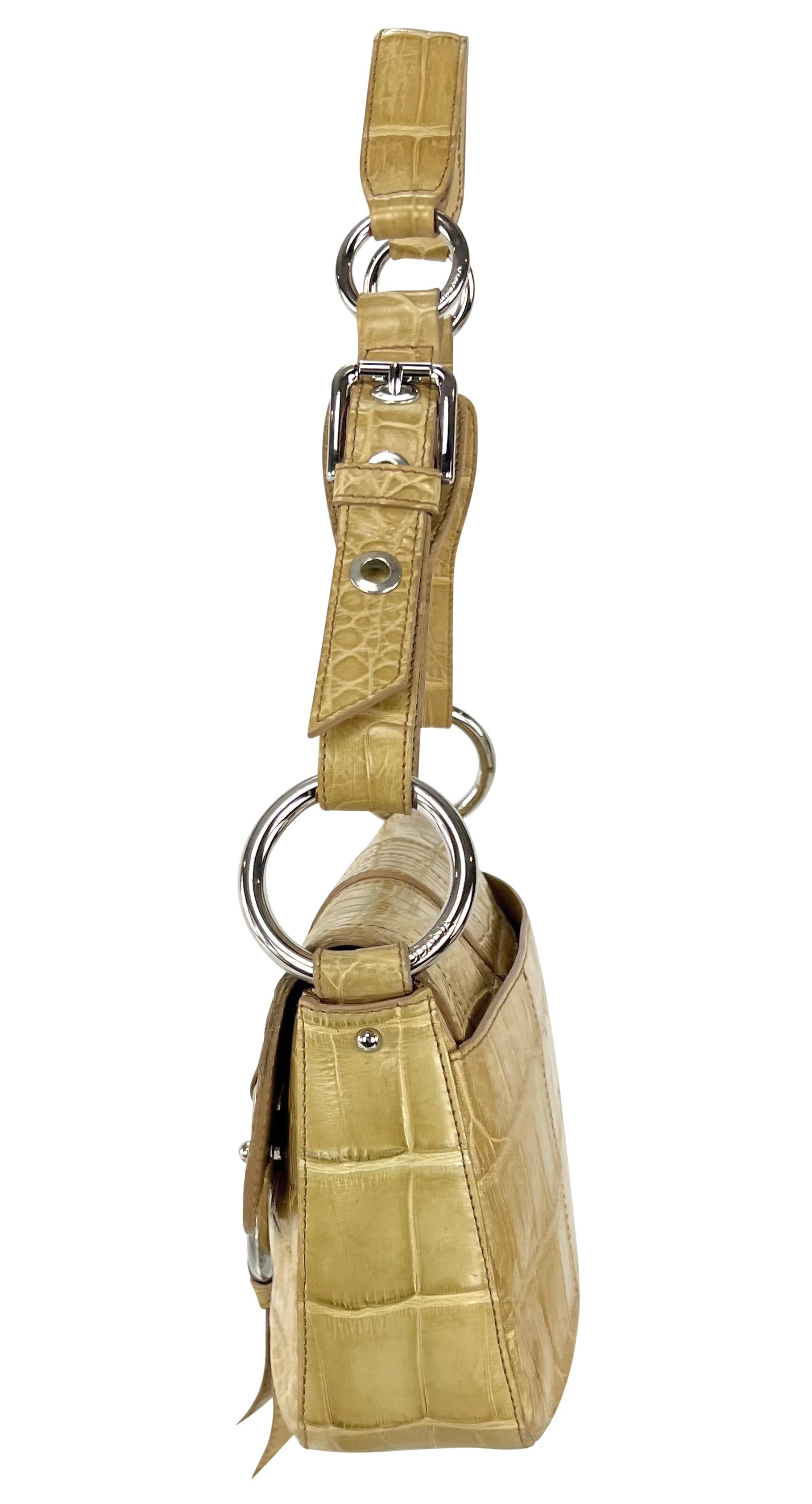 Beige 2004 Dolce & Gabbana Genuine Crocodile Tan Large Ring Flap Medium Shoulder Bag For Sale